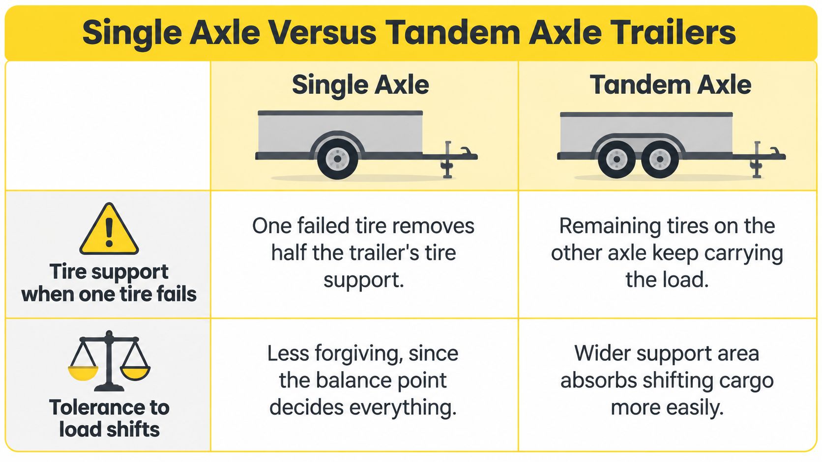 A comparison chart showing the differences in tire support and load shift tolerance between single and tandem axle trailers.