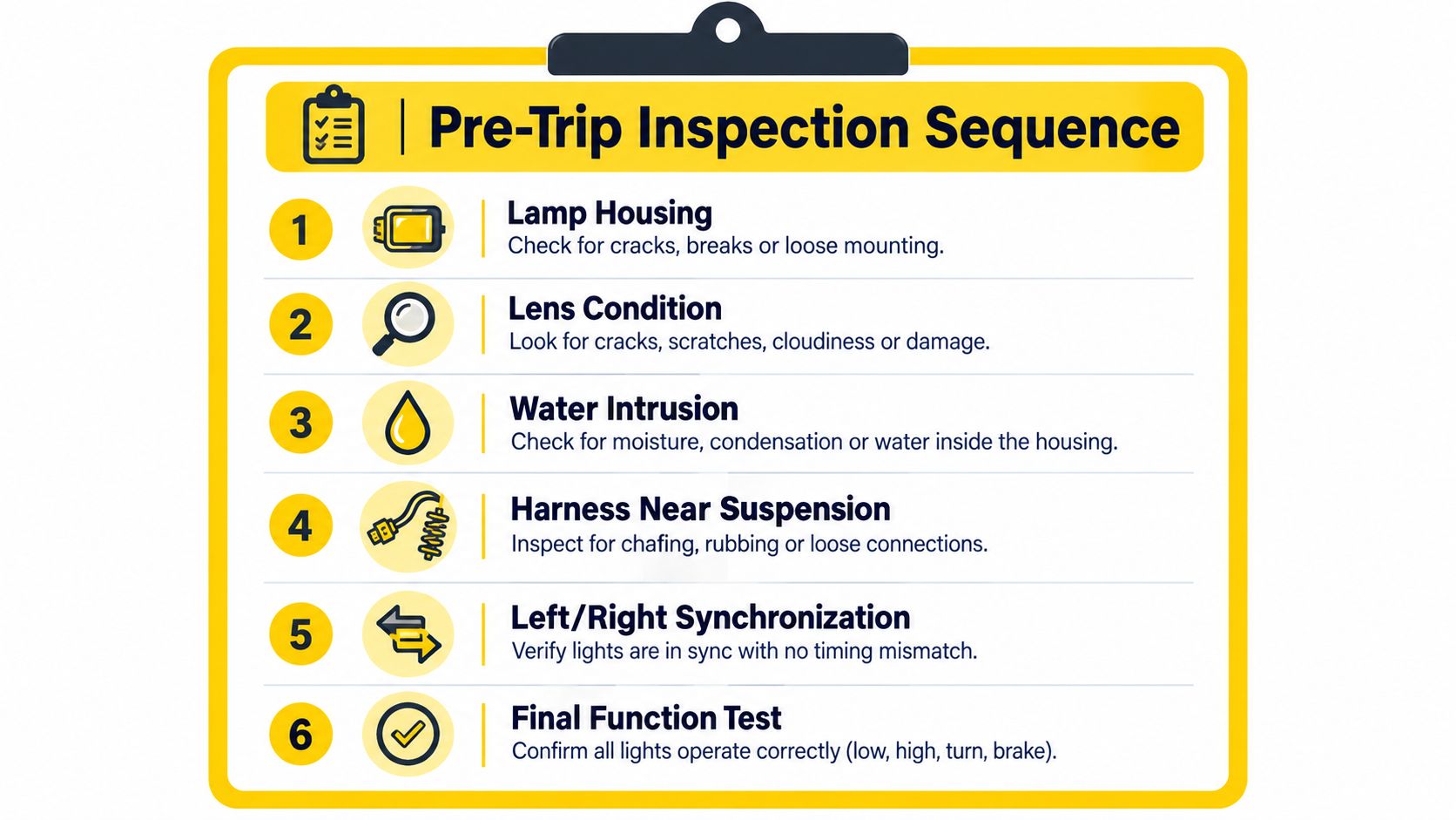 A clipboard graphic outlining a six-step pre-trip inspection sequence for vehicle lamp maintenance and safety checks.