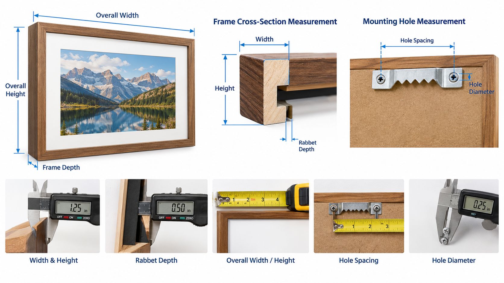 A diagram demonstrating the technical measurements for a wooden picture frame including its cross-section and mounting hardware.