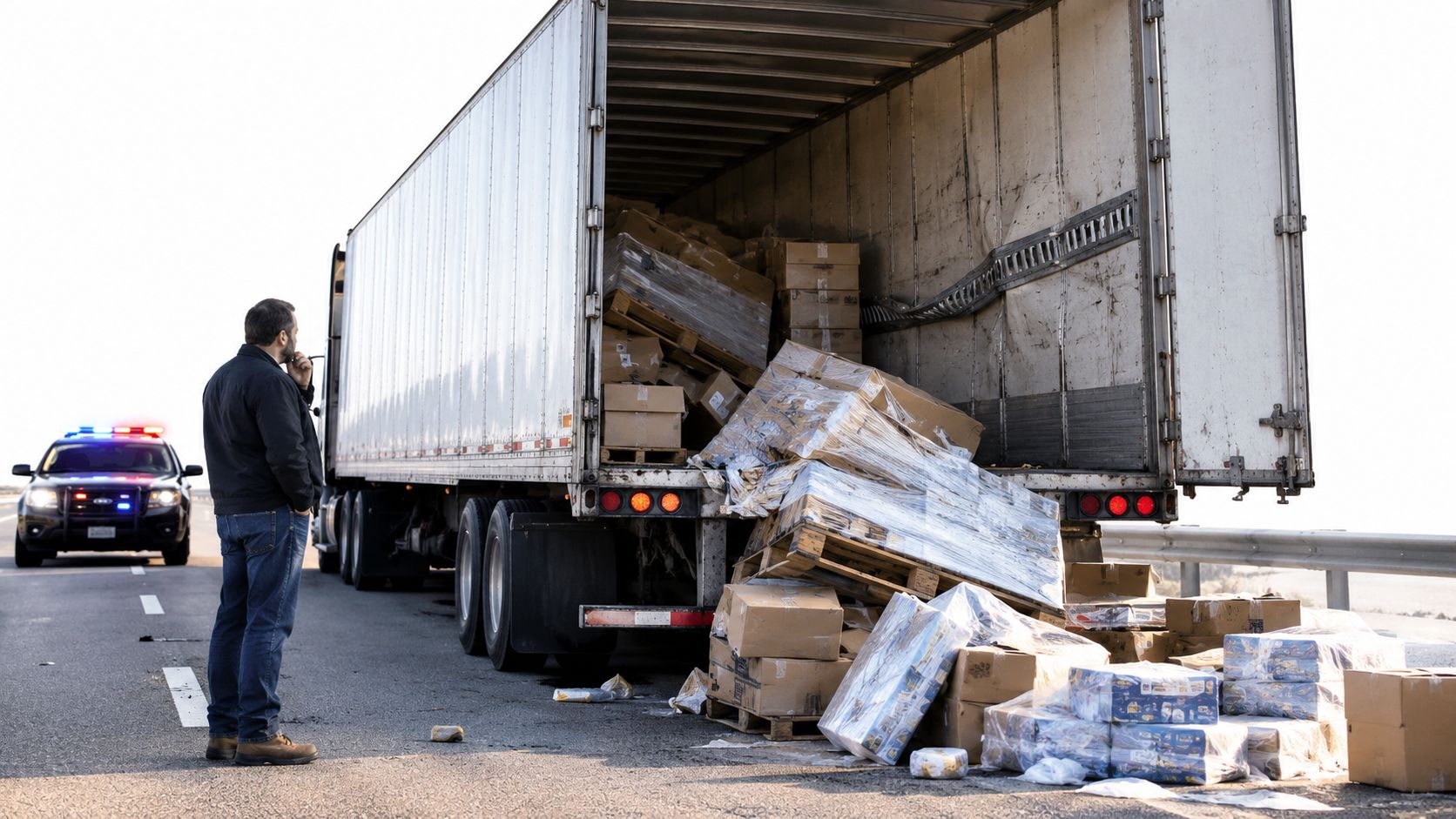 A man stands beside a trailer truck with spilled cargo on the side of a highway road.
