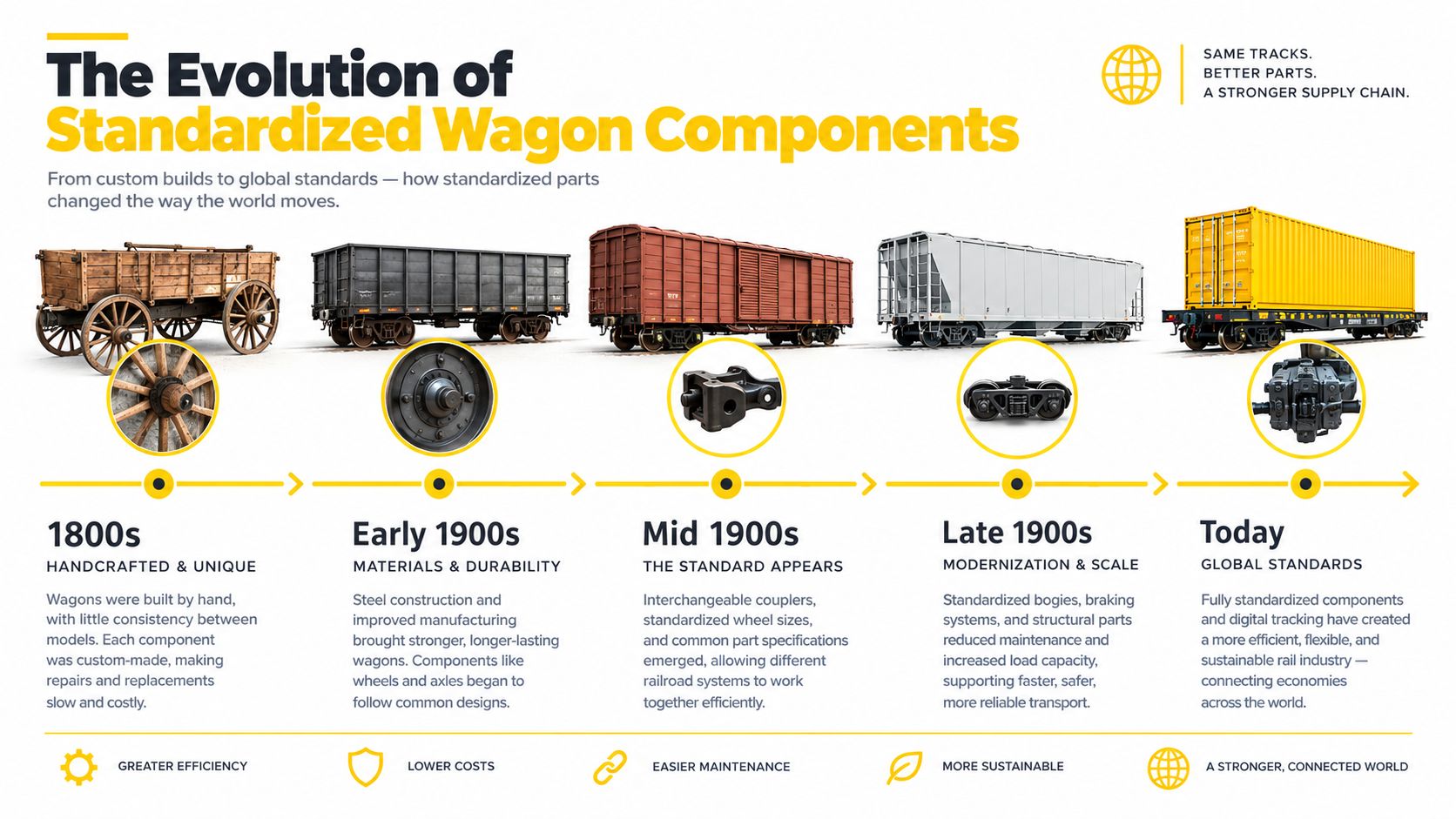 A timeline graphic showing the evolution of railway wagons and standardized components from the 1800s to today.