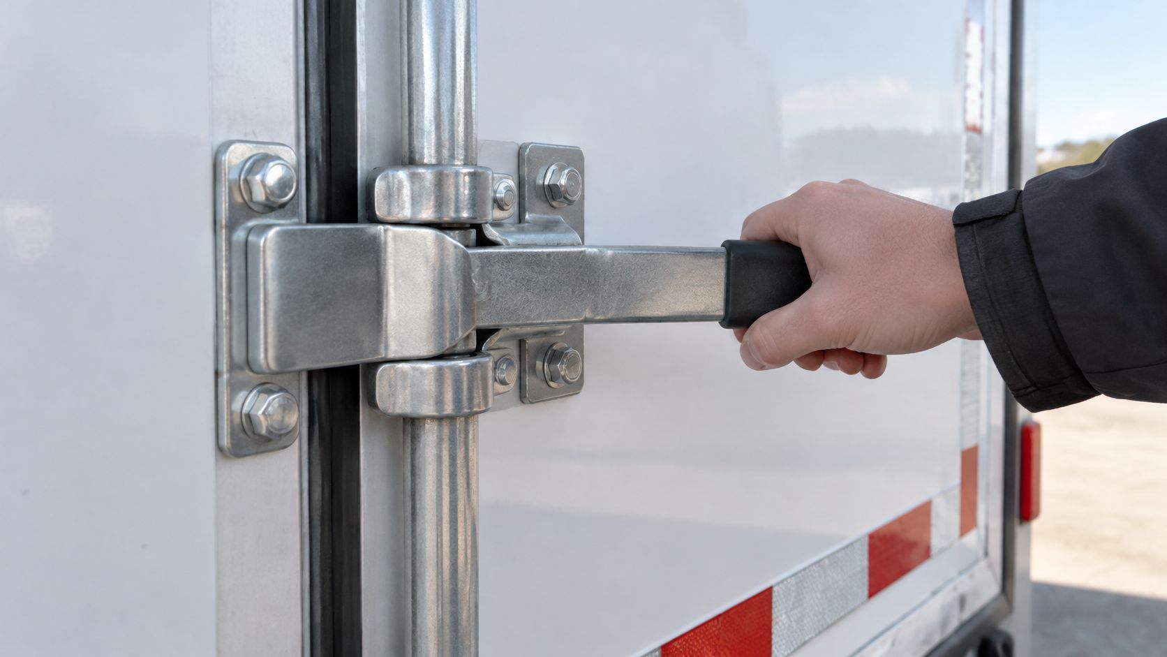 A close-up view of a person hand opening or closing a silver trailer door lock latch.
