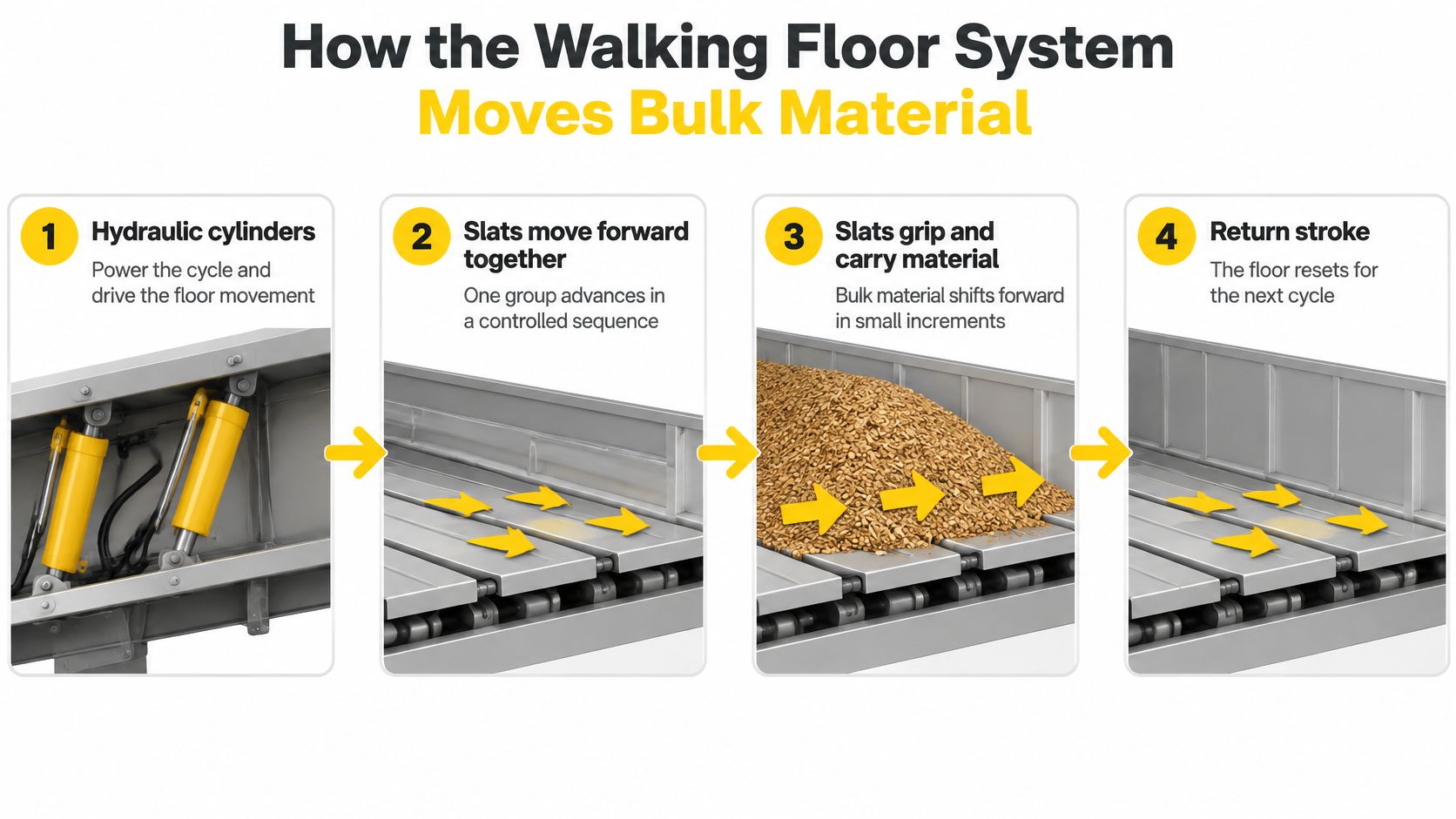 A four-step diagram explaining how a hydraulic walking floor system moves bulk material in a trailer.