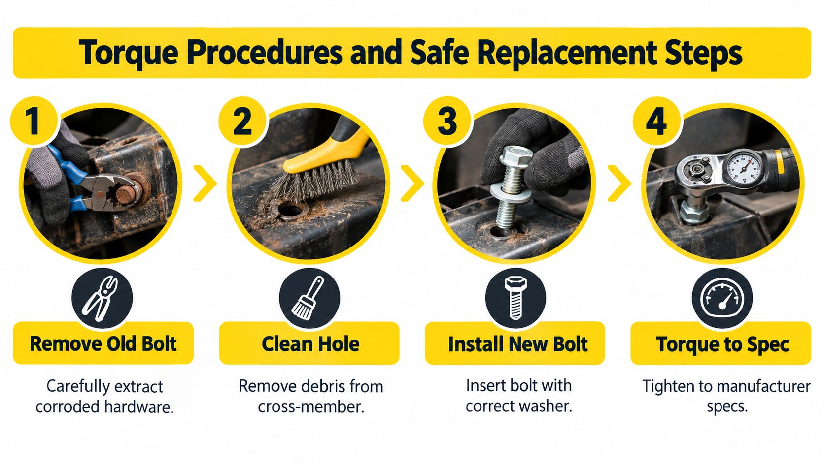 A four-step instructional graphic showing how to safely replace and torque trailer deck bolts properly.