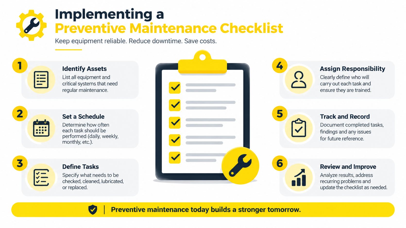An infographic titled Implementing a Preventive Maintenance Checklist featuring six steps for effective equipment upkeep and reliability.