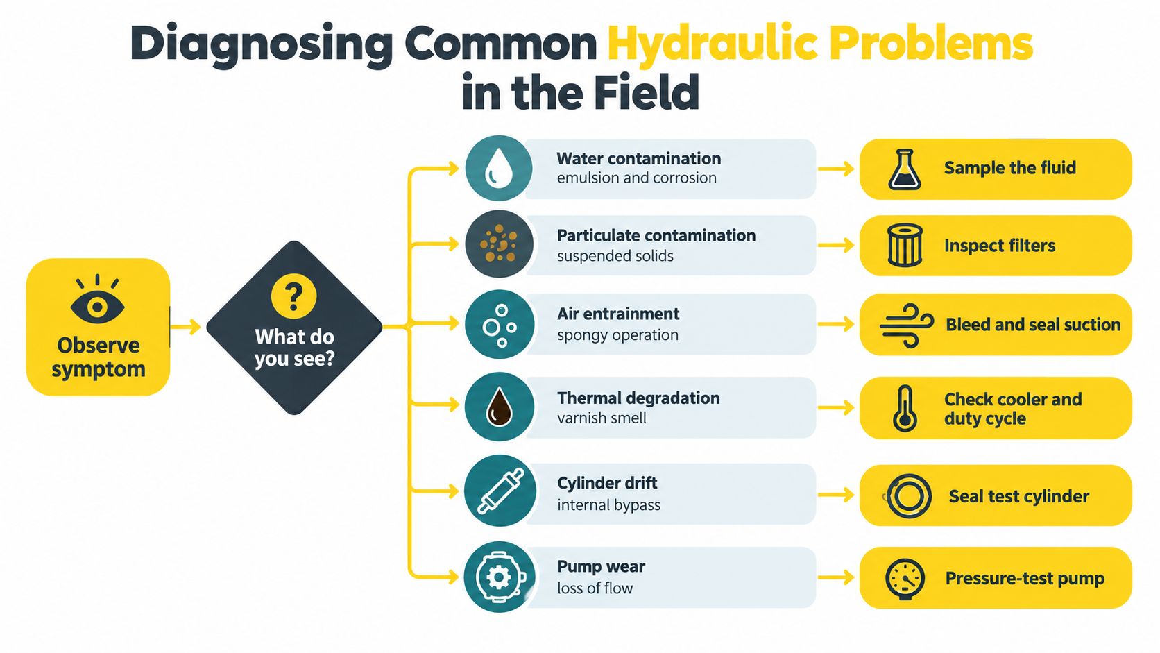 A flowchart infographic illustrating how to diagnose common hydraulic system problems in the field through symptom observation.