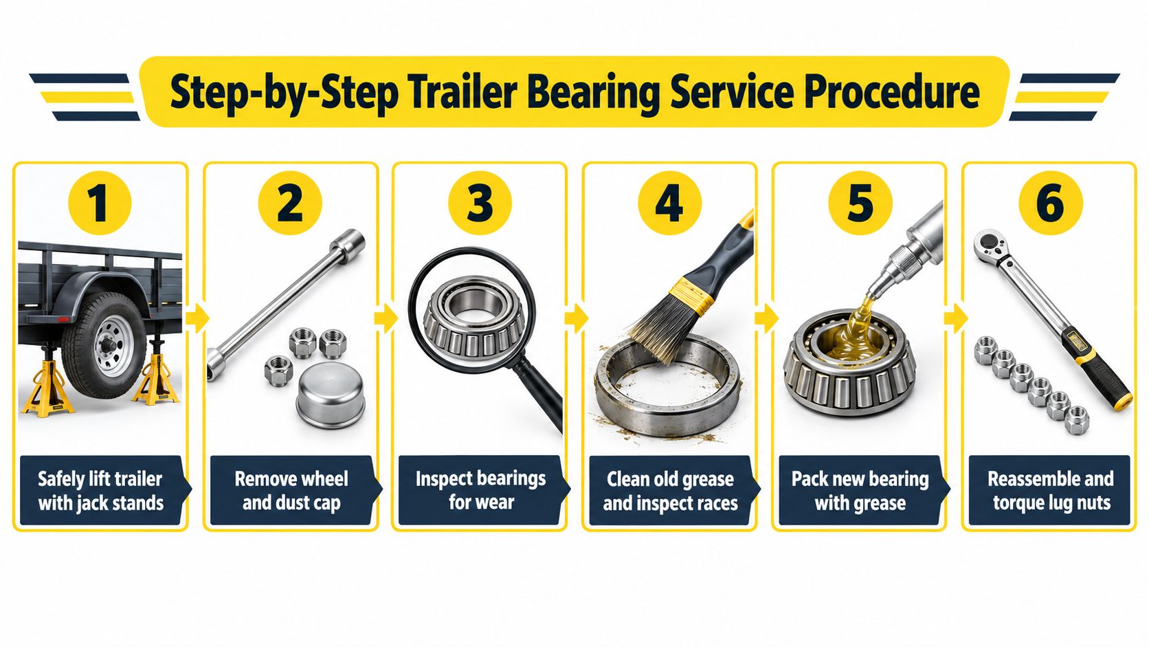 A step-by-step infographic showing six steps to service trailer wheel bearings including lifting, cleaning, and packing.