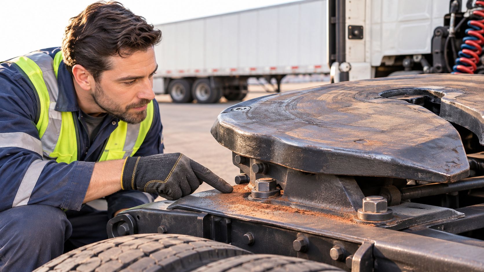 A professional mechanic in a safety vest inspecting trailer coupling bolts on a semi-truck fifth wheel hitch.