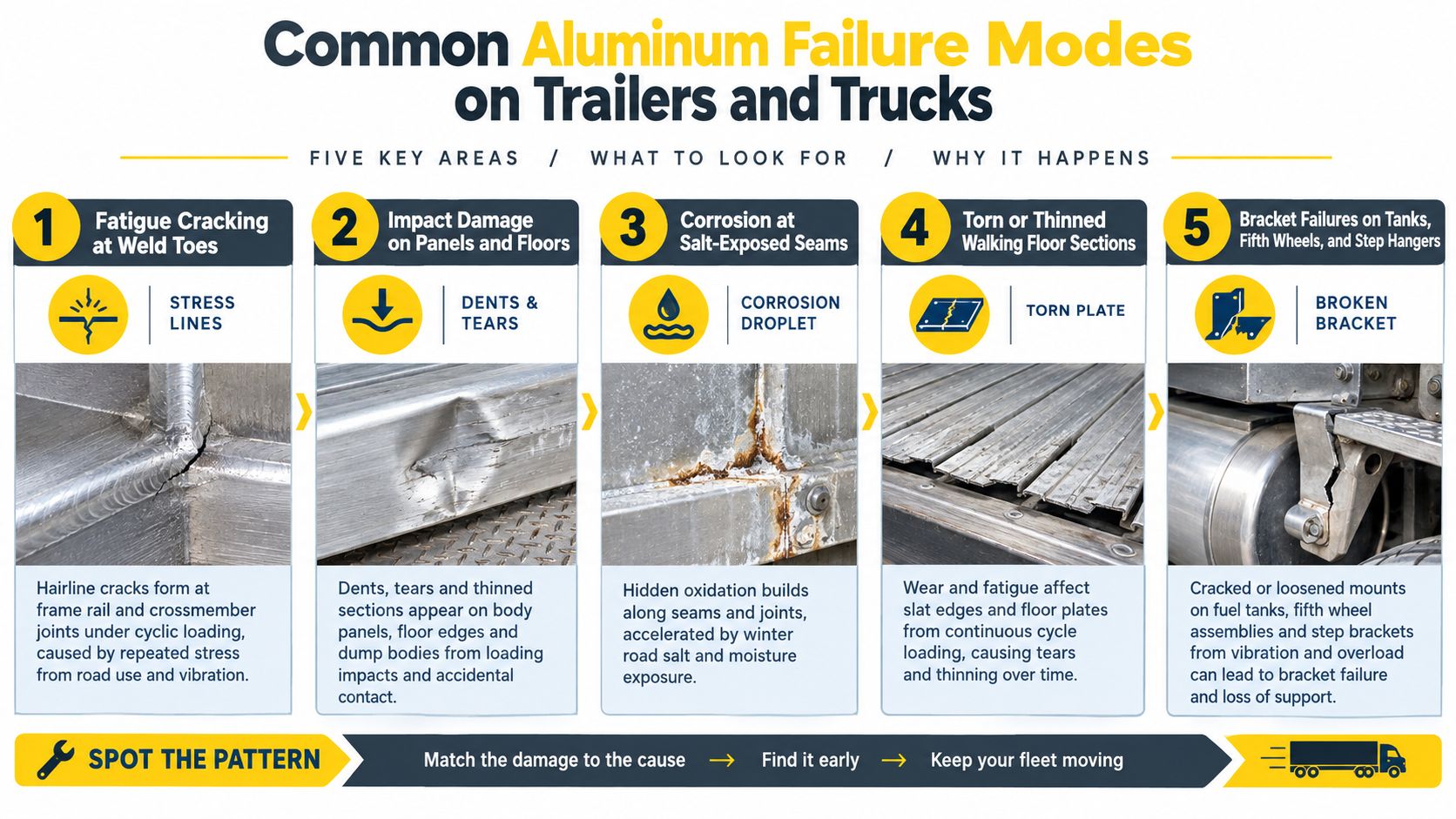 An infographic illustrating five common aluminum failure modes on truck and trailer bodies, including fatigue, impact, and corrosion.