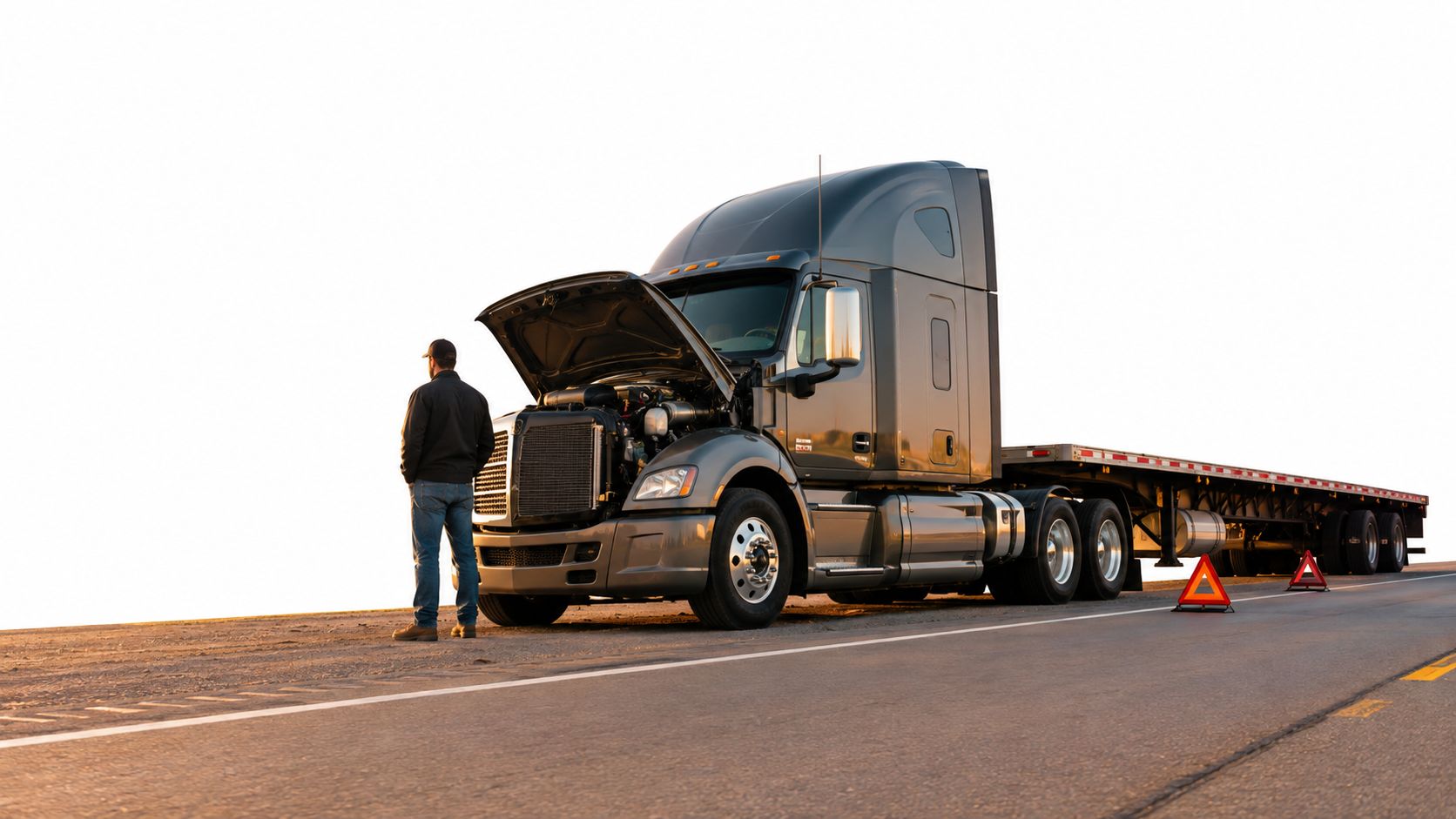 A truck driver standing on the roadside in front of a heavy truck with its hood open.
