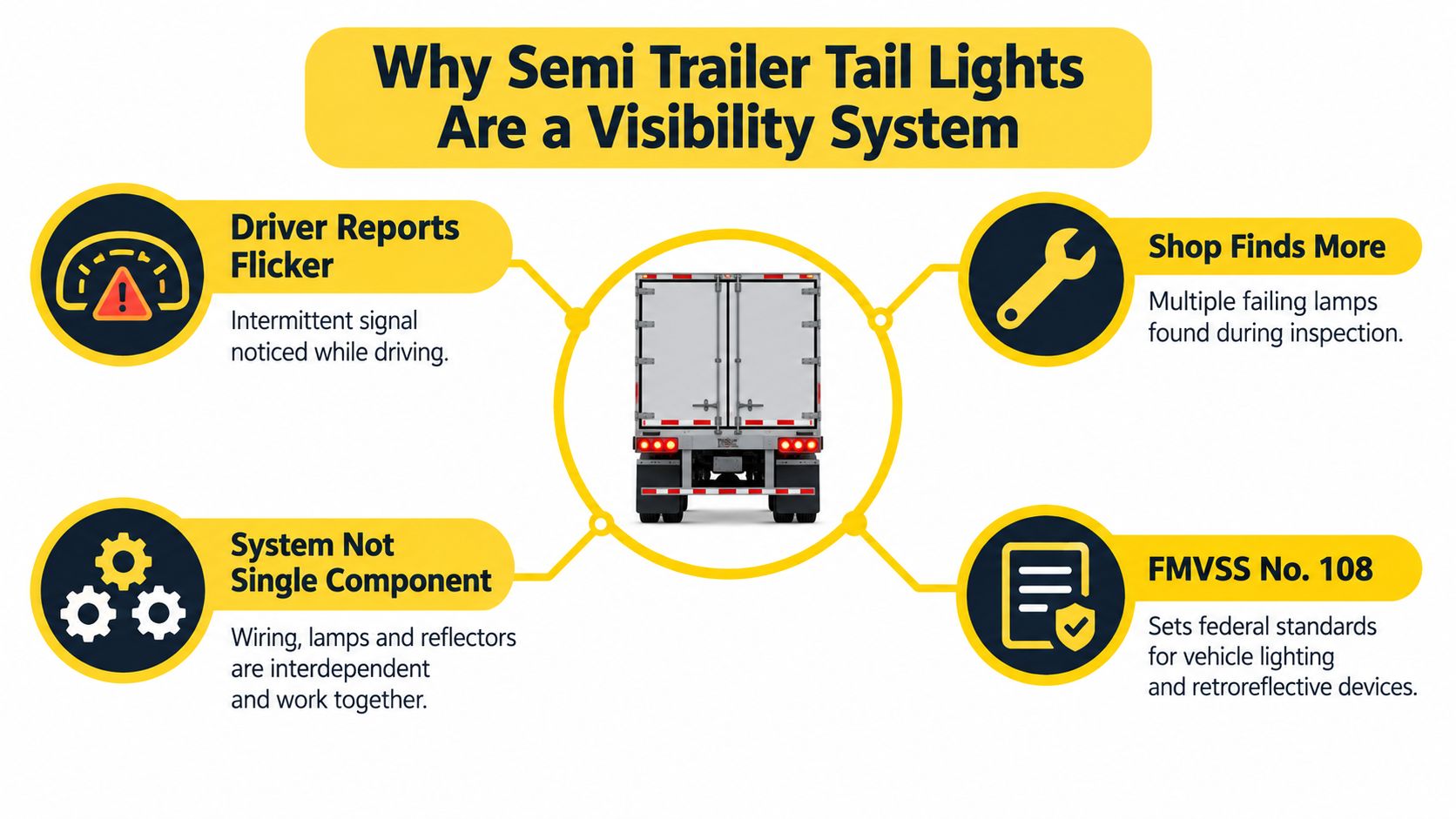 An infographic explaining why semi trailer tail lights are considered a critical safety visibility system for vehicles.