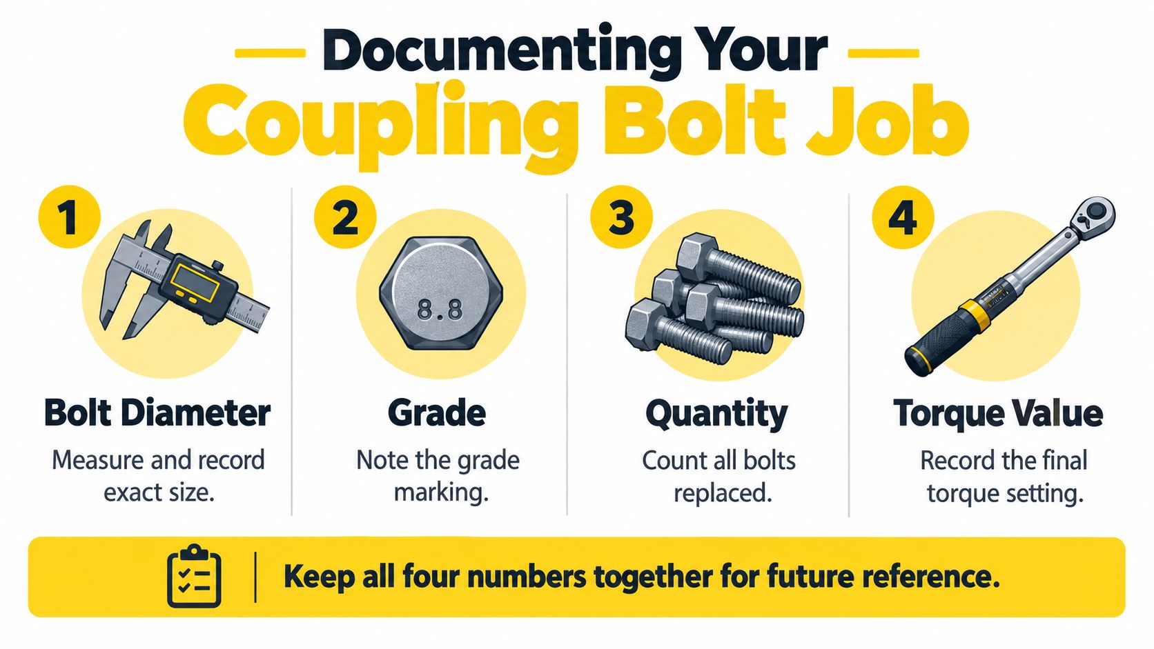 An infographic illustrating four essential steps for documenting a coupling bolt job to ensure proper maintenance.