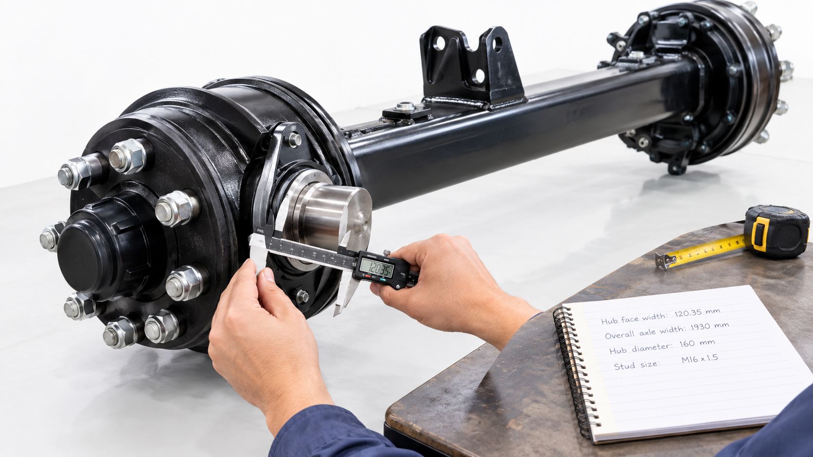 A technician using a digital caliper to measure the hub face width of a trailer axle.