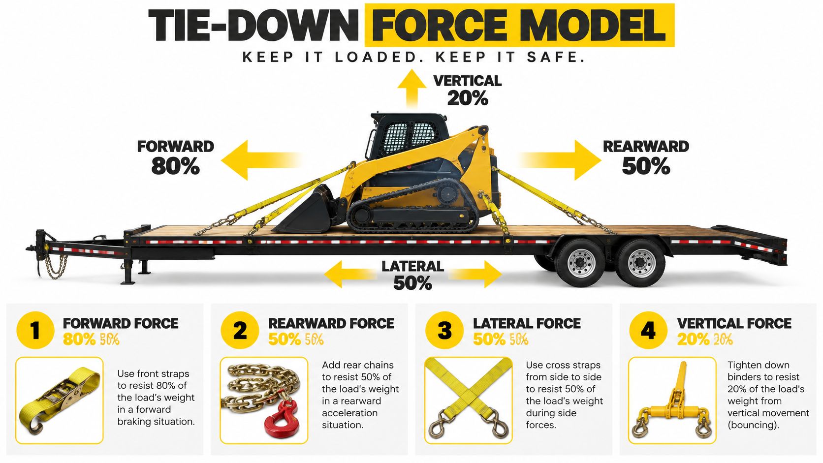 A diagram illustrating the tie-down force model for securing heavy equipment on a flatbed trailer.