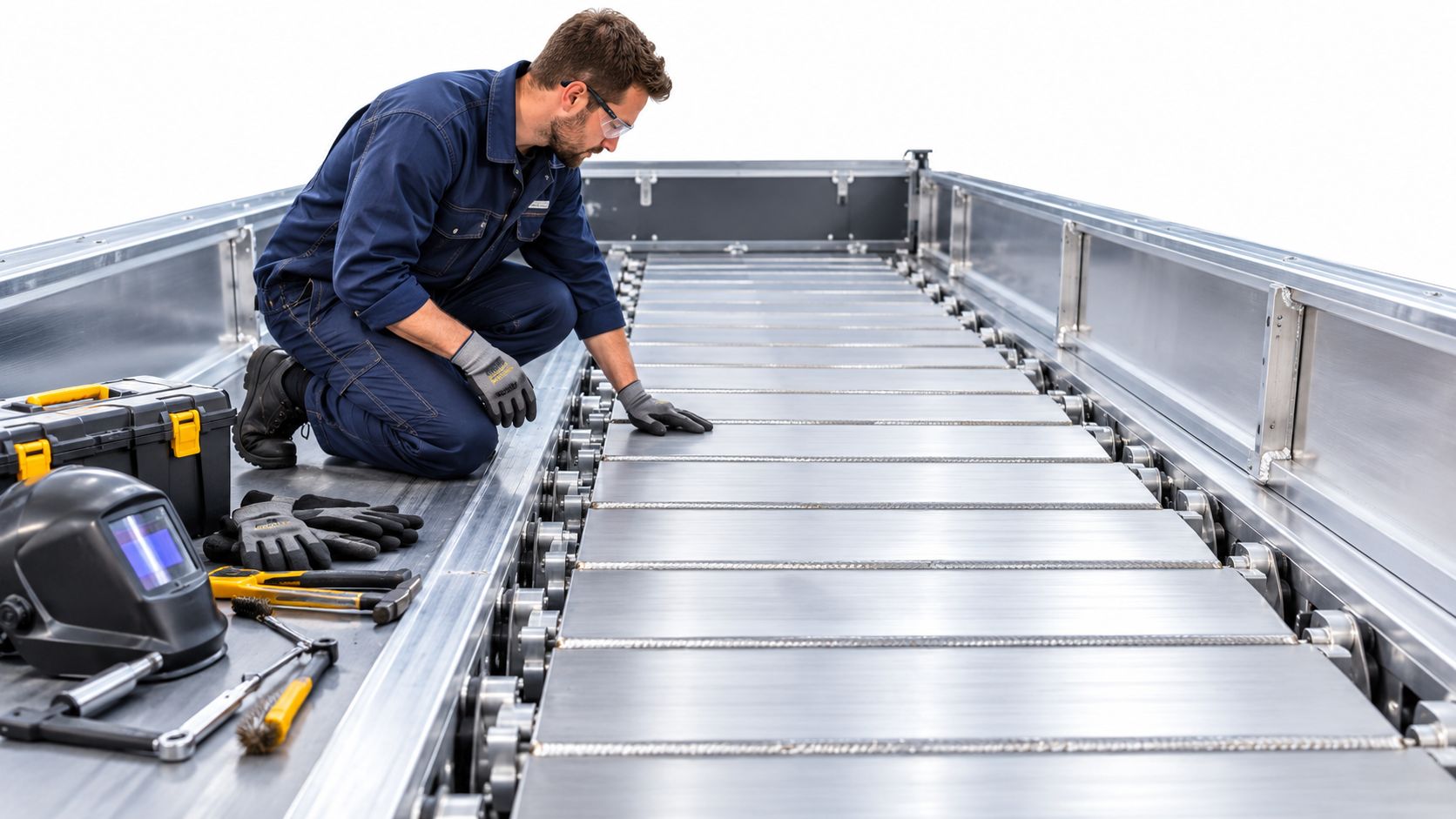 A professional welder working on a metal trailer conveyor assembly with tools nearby in a workshop.