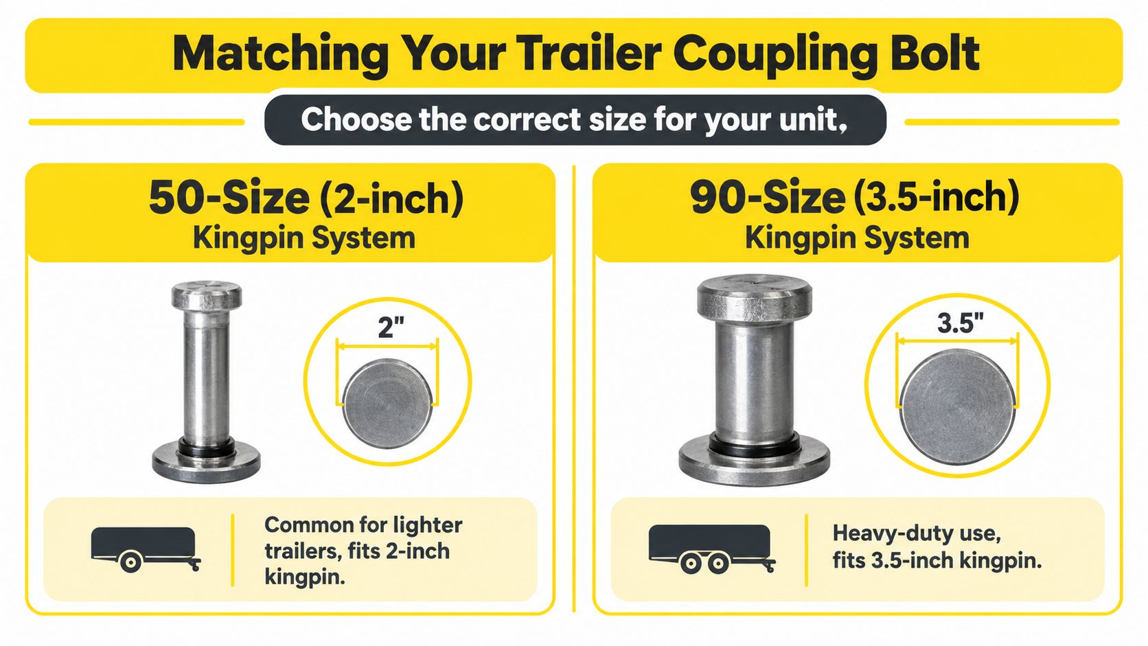 A comparison chart showing 50-size 2-inch and 90-size 3.5-inch trailer coupling kingpin bolts for heavy-duty and light trailers.