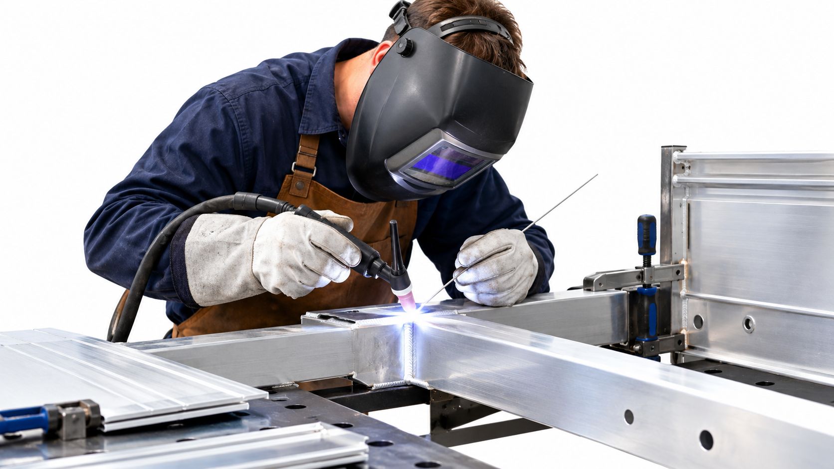 A professional welder wearing safety gear performs precise TIG welding on aluminum parts for a metal project.