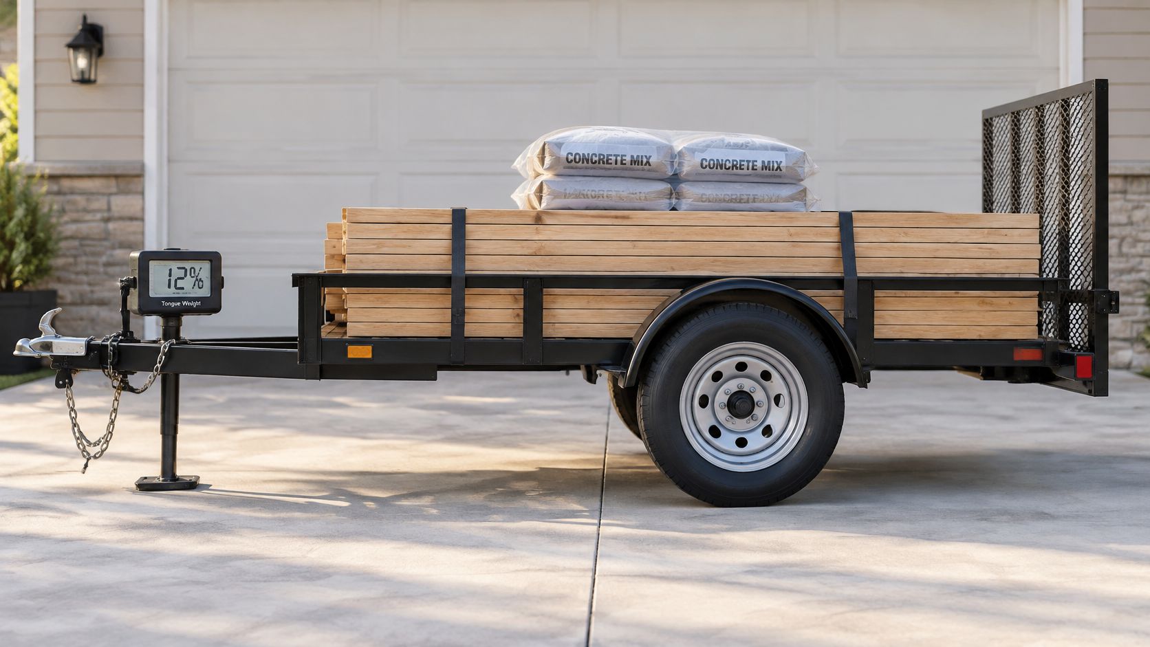 A utility trailer loaded with lumber and concrete mix bags parked in a driveway.