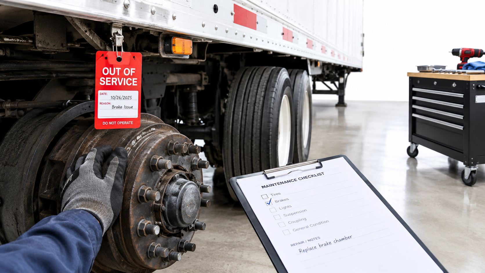 A technician holding a maintenance checklist inspects a trailer wheel marked with an out of service tag.