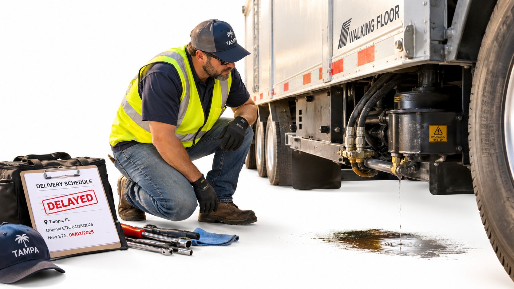 A technician in a safety vest kneeling beside a leaking hydraulic system on a commercial walking floor trailer.