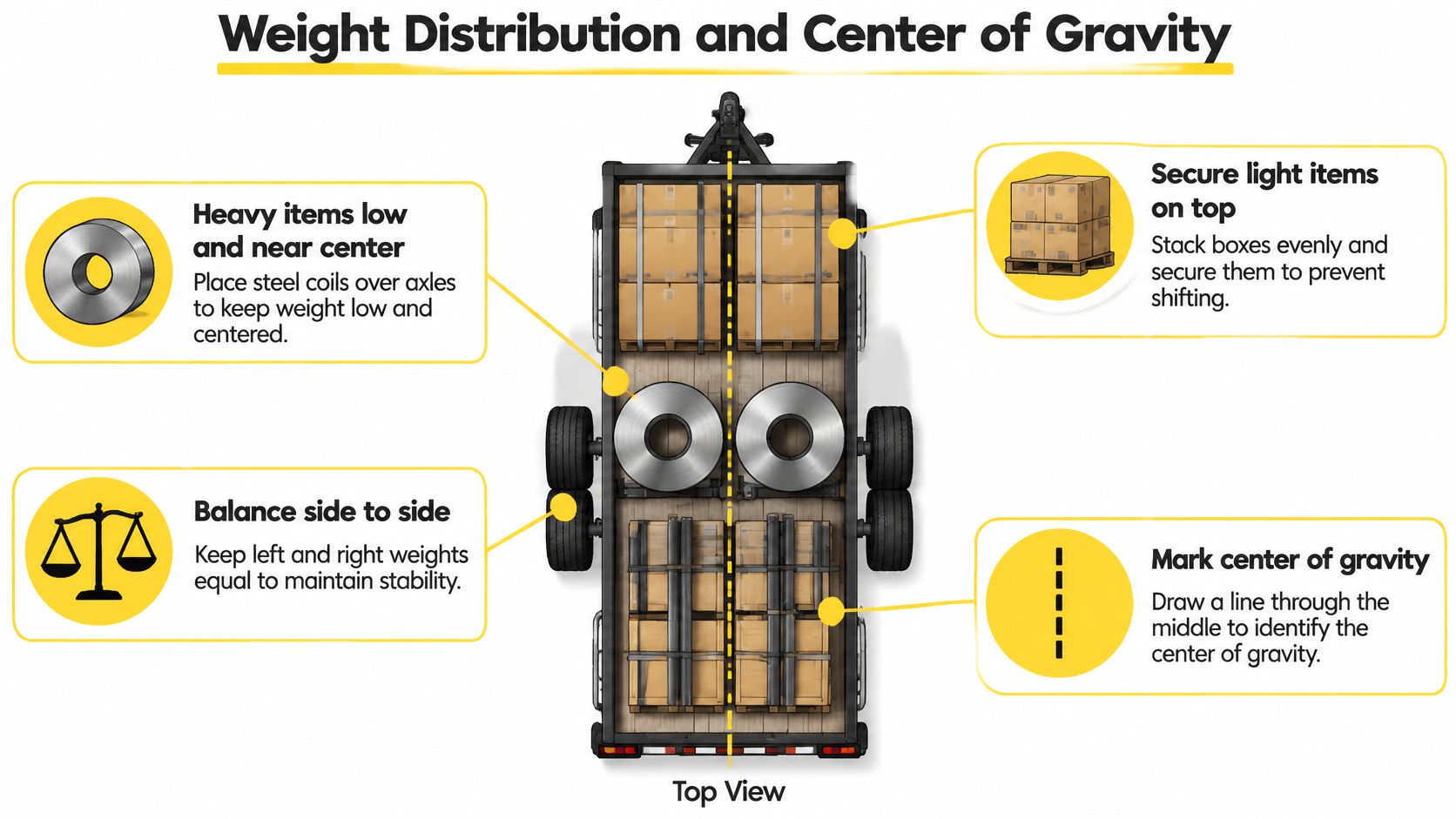 A top-down view of a trailer illustrating proper weight distribution and center of gravity for safe towing.