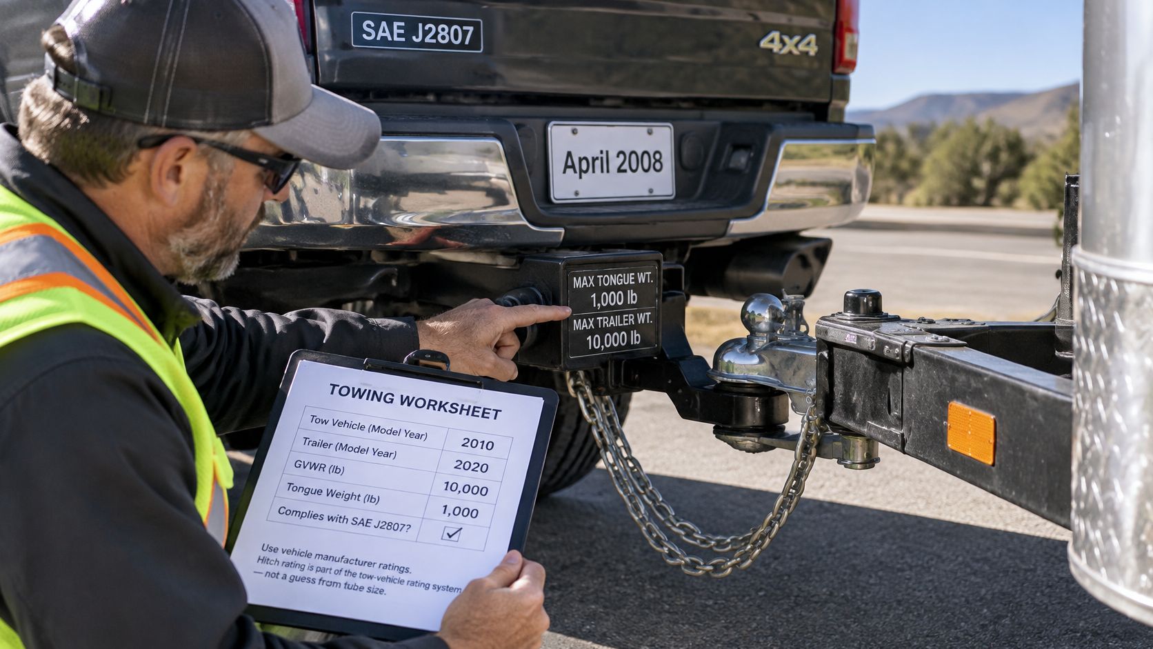 A person in a safety vest checks the towing hitch capacity on a truck using a worksheet.