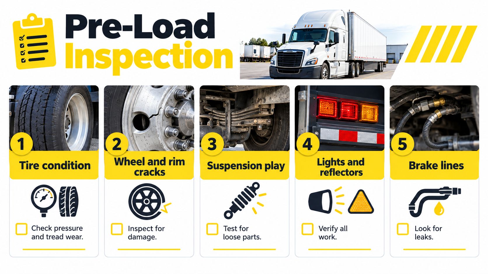 A five-step pre-load truck inspection infographic illustrating essential safety checks for tires, wheels, suspension, lights, and brake lines.