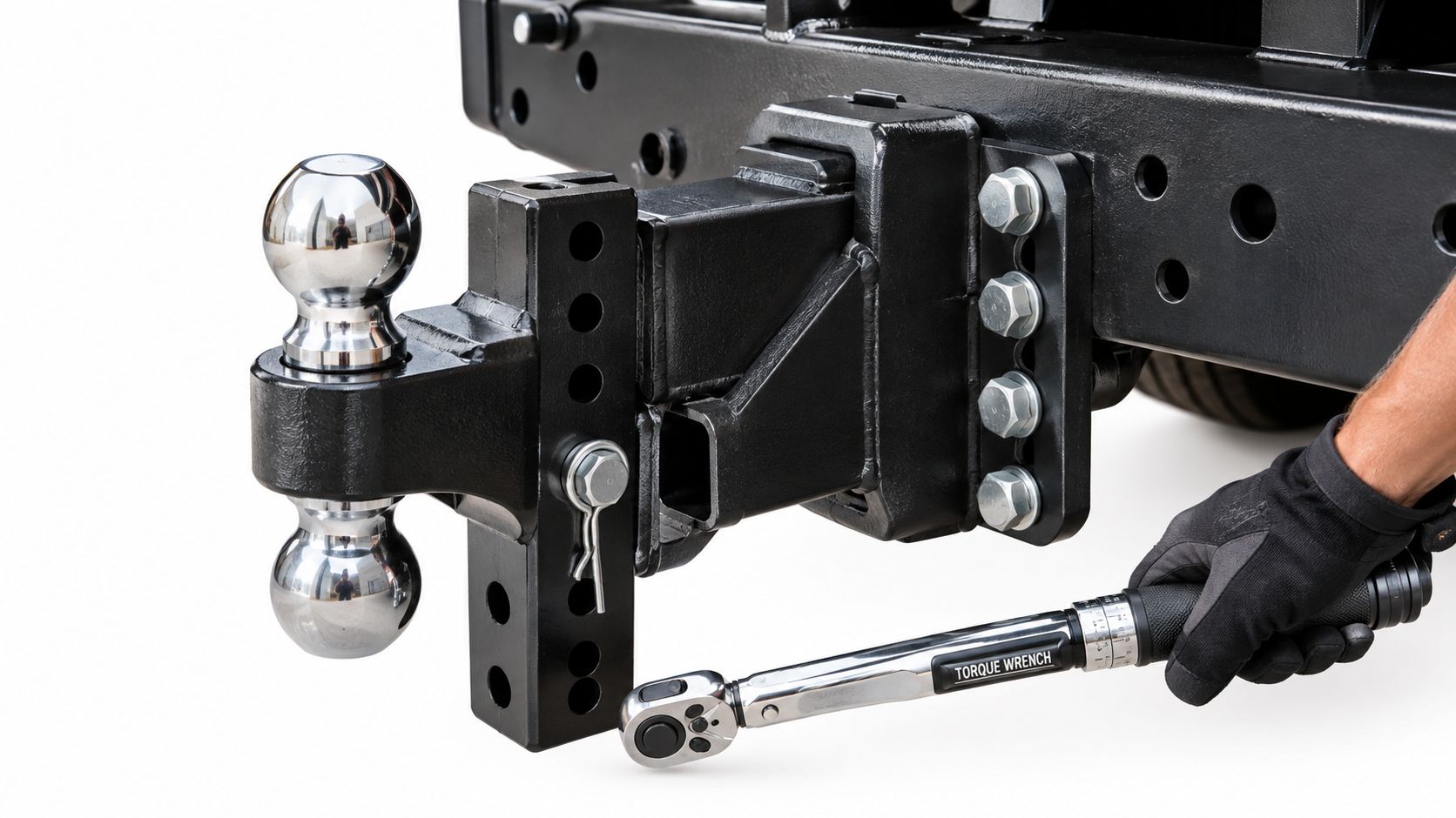 A close-up view of a person using a torque wrench to tighten bolts on a 2 ball hitch.