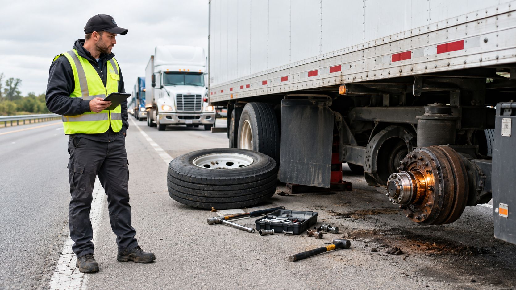 A professional mechanic in a safety vest inspects a semi-truck trailer with a removed wheel on the highway.