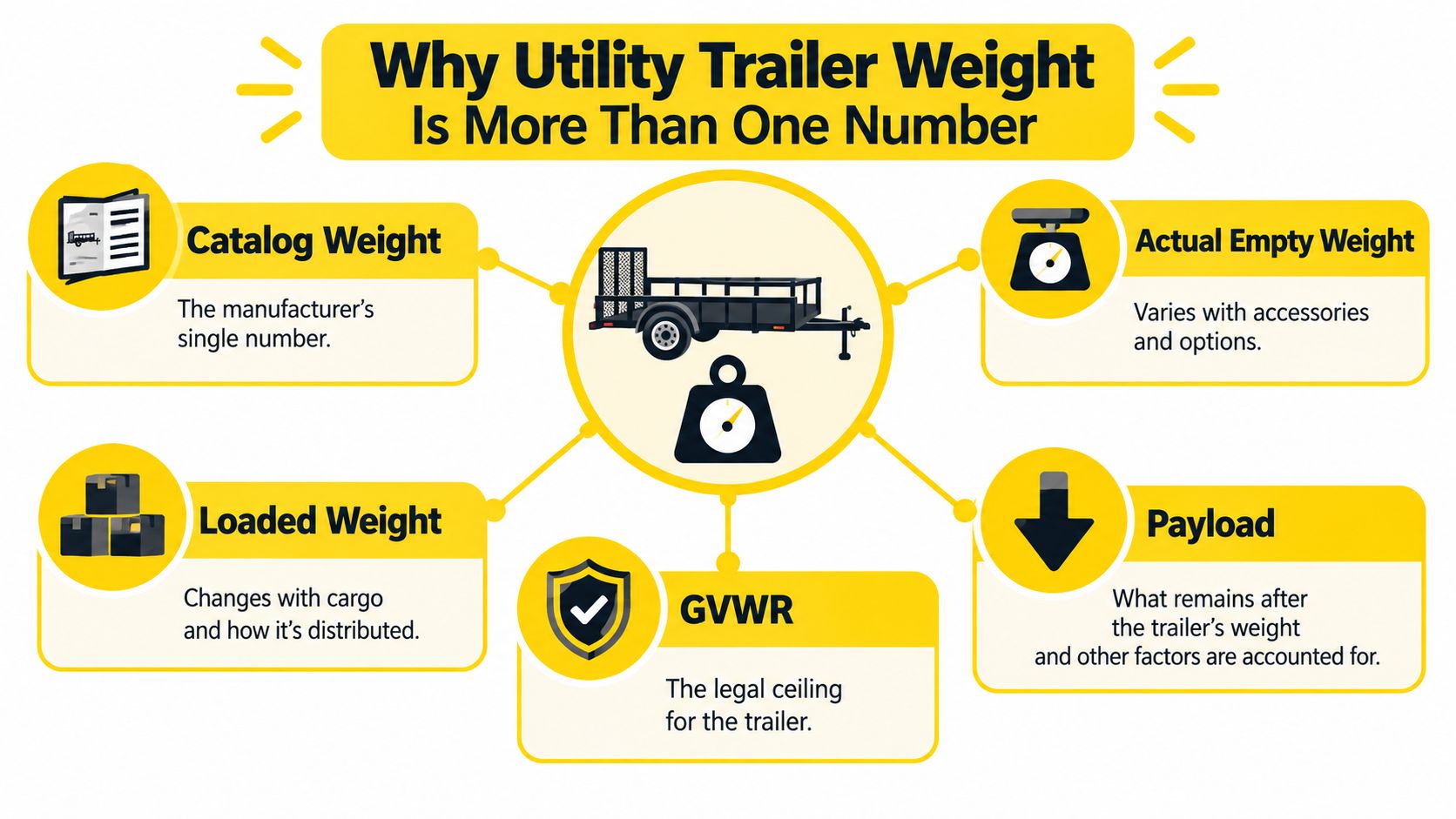 An infographic explaining why there are several different weight measurements for a utility trailer.