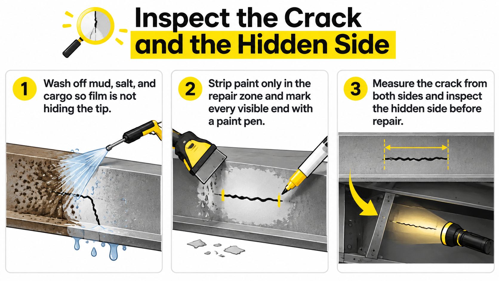 An infographic showing three steps to inspect and clean a structural crack on a metal trailer.
