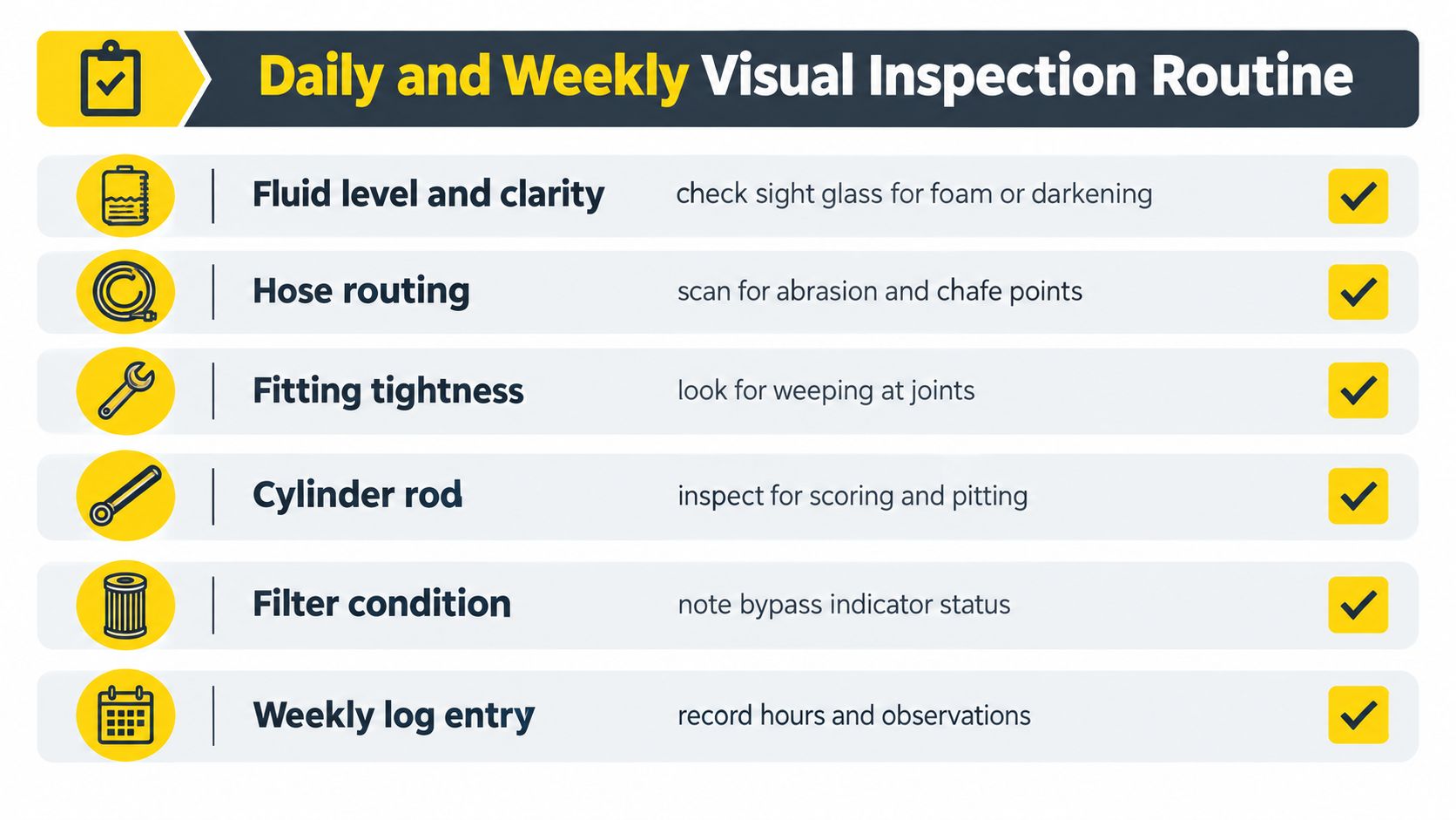 A checklist graphic titled Daily and Weekly Visual Inspection Routine for hydraulic maintenance and equipment safety checks.