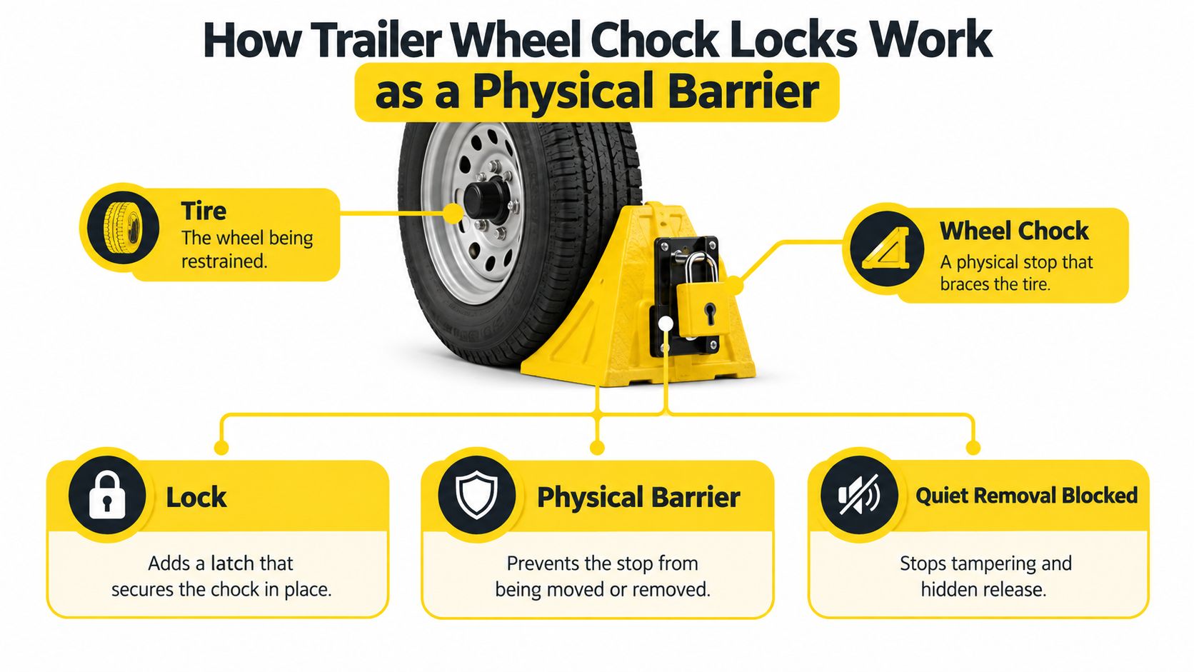 A diagram illustrating how trailer wheel chock locks function as a physical security barrier for tires.