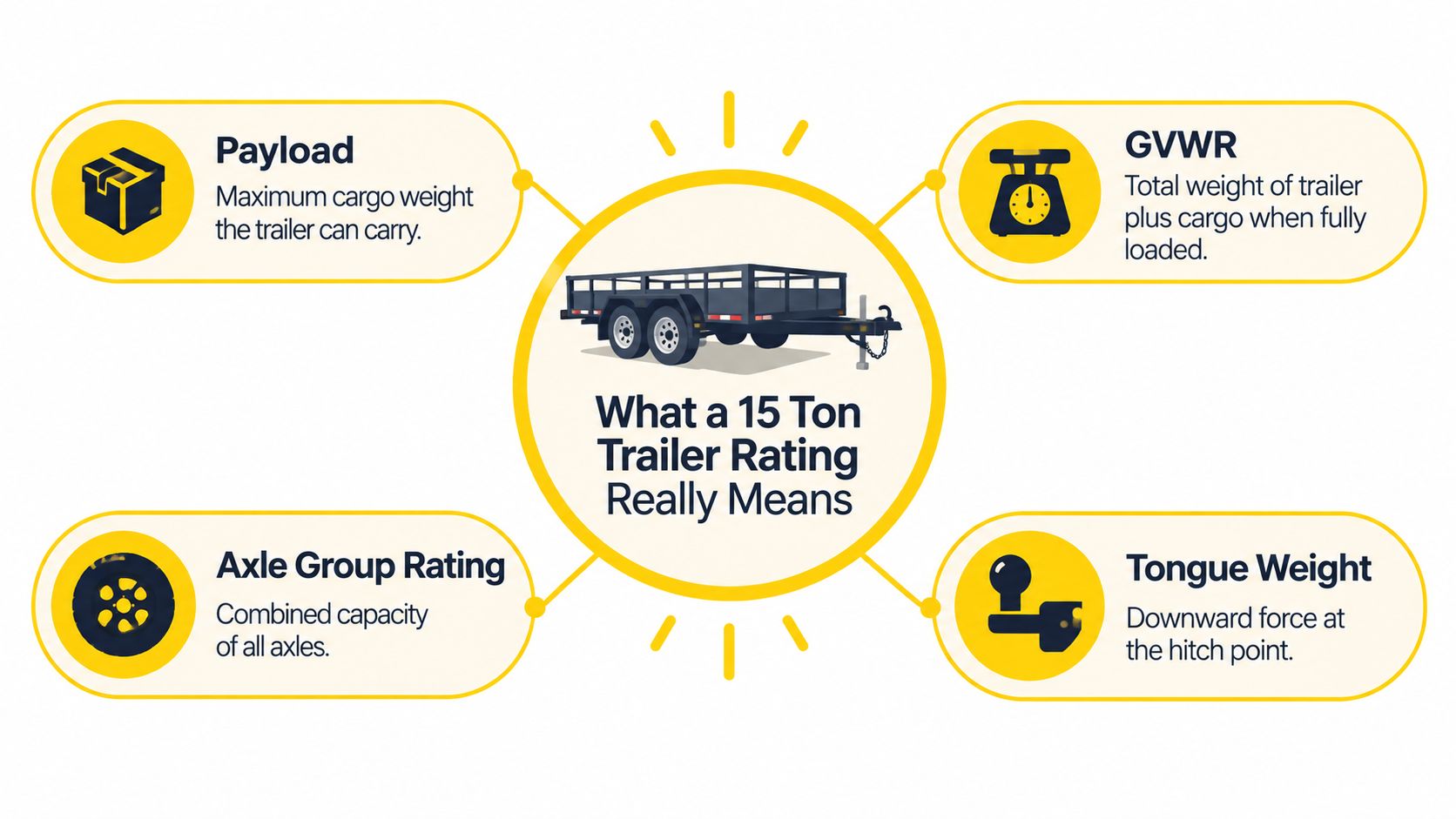 An infographic explaining the four key components of a 15-ton trailer rating: Payload, GVWR, Axle Group Rating, and Tongue Weight.