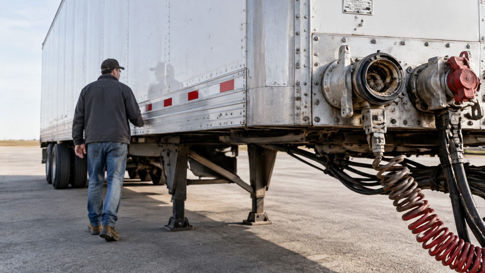 A truck driver inspects the side and air hose connections of a large semi-trailer on a lot.
