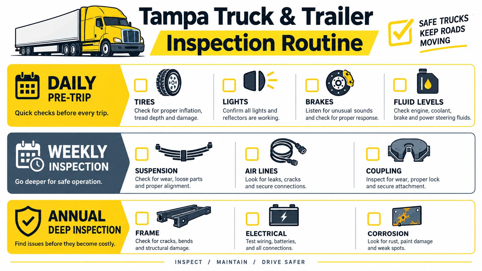A comprehensive checklist for truck and trailer inspections covering daily, weekly, and annual maintenance routines for safety.