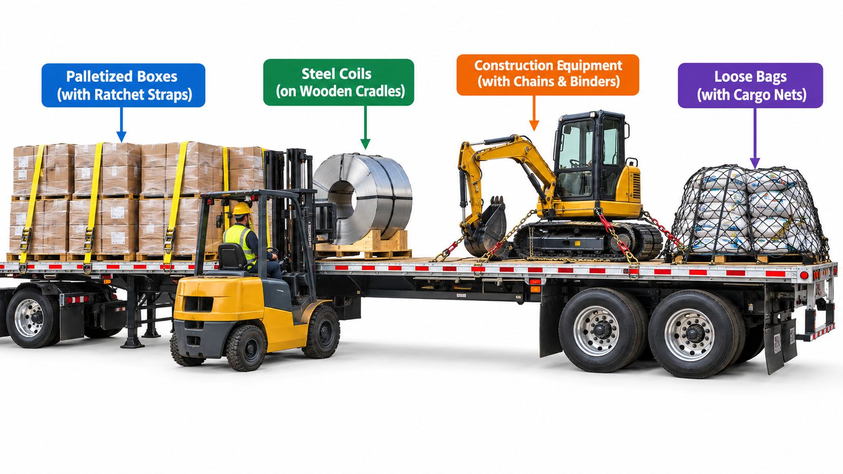A forklift driver loading various freight like pallets, steel coils, and construction equipment onto a flatbed trailer.