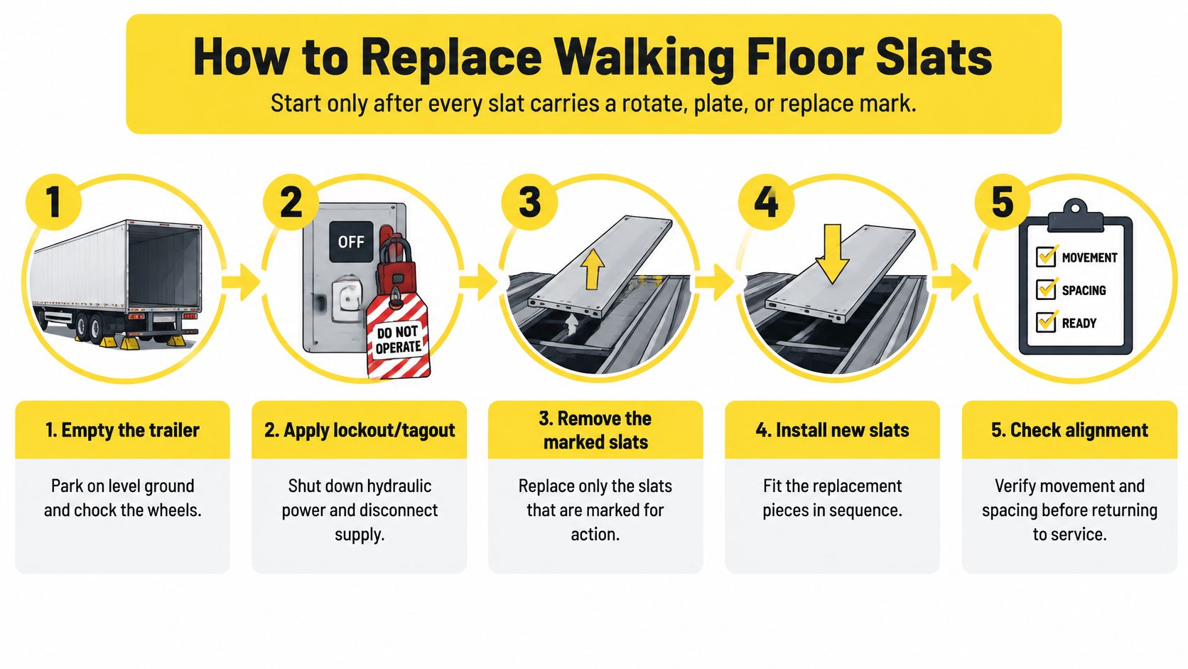 A five-step instructional guide on how to safely replace walking floor slats in a trailer.