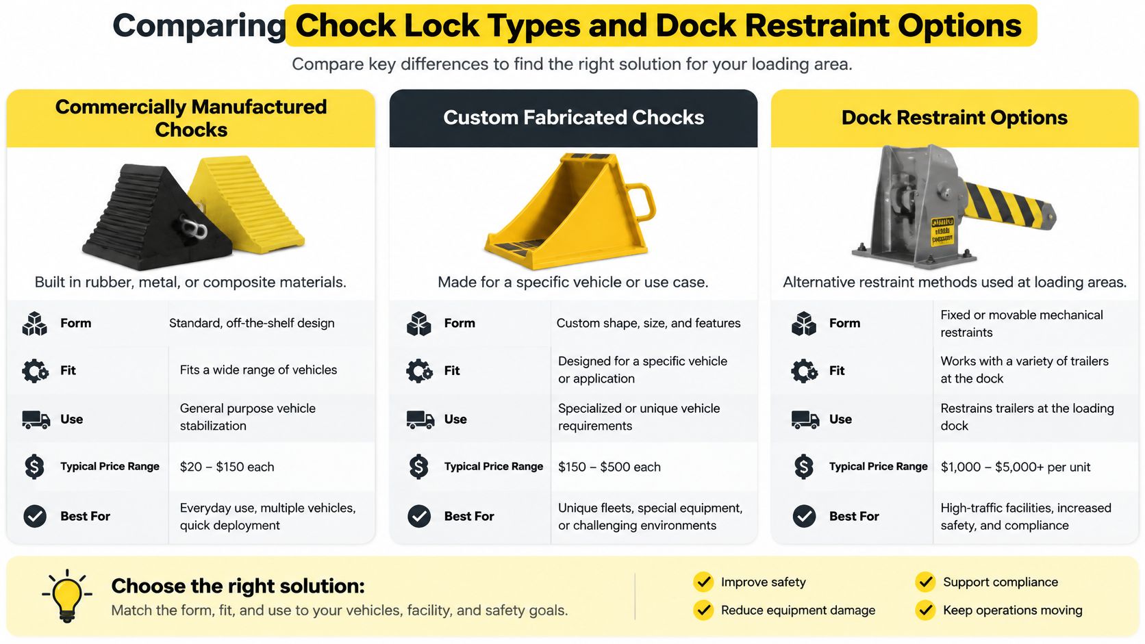 A comparison chart showing differences between commercially manufactured chocks, custom fabricated chocks, and dock restraint options for warehouses.