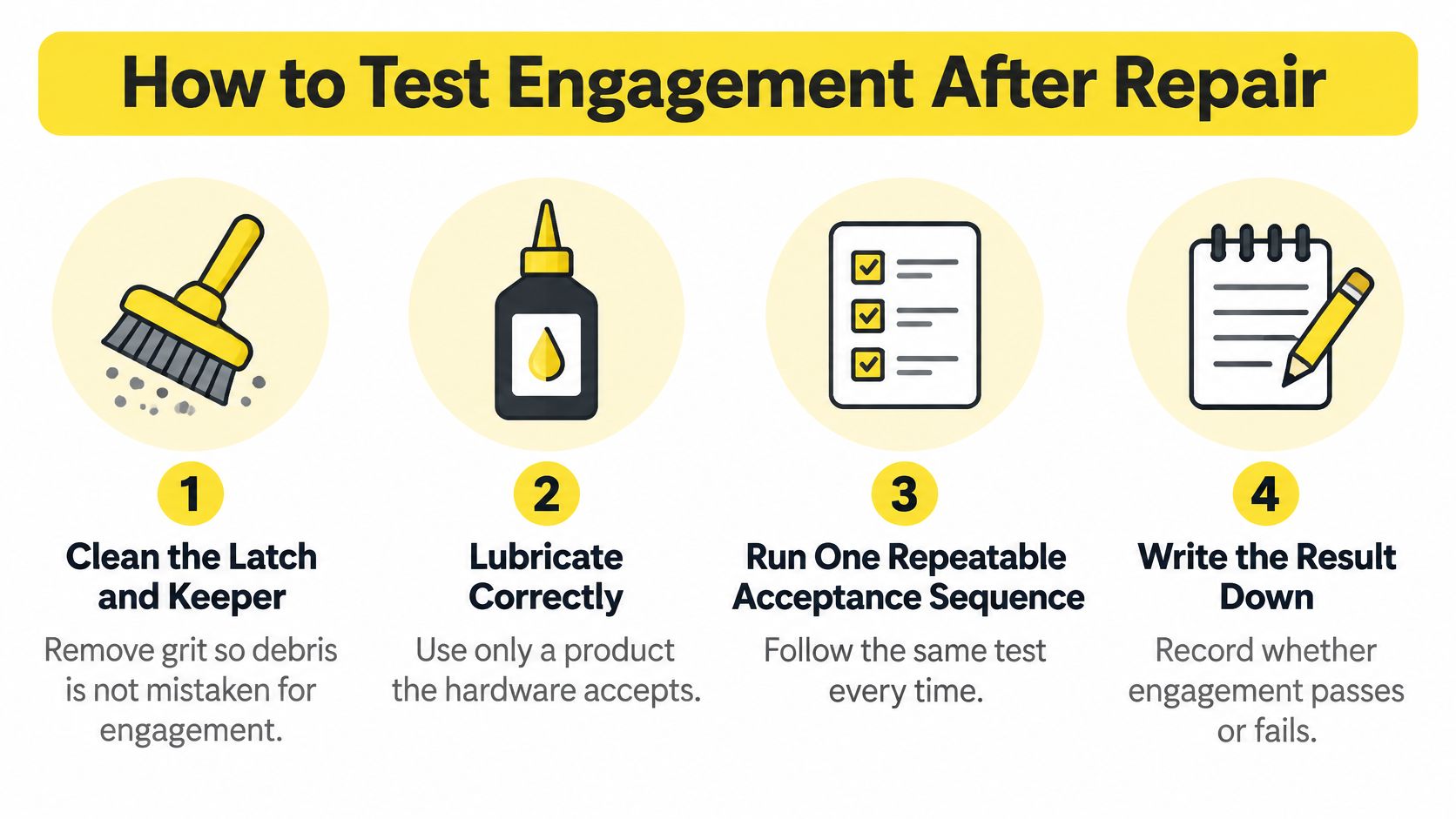 An instructional graphic showing four steps to test engagement after a latch and keeper repair.