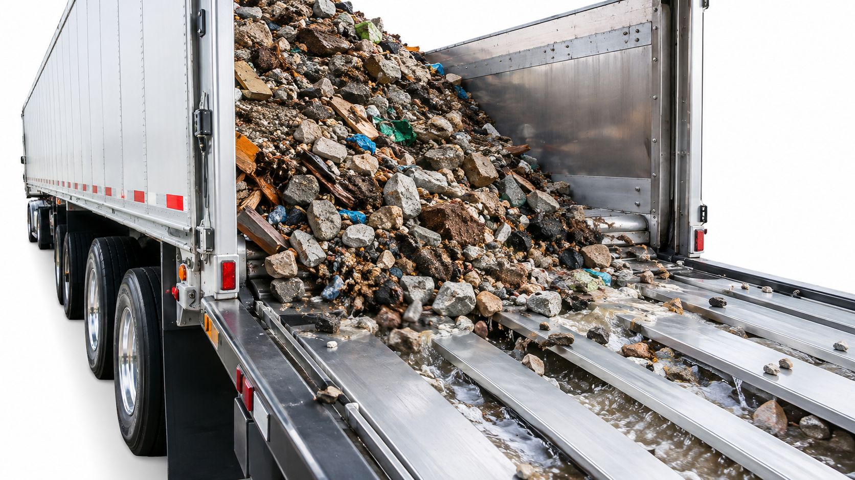 A close-up view of a heavy-duty trailer bed filled with rocks and construction debris being unloaded.