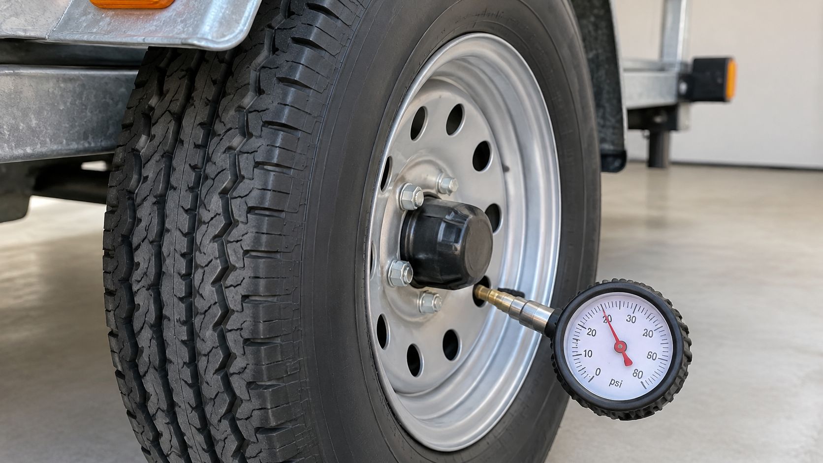 A close up view of a tire pressure gauge measuring the air pressure of a trailer tire