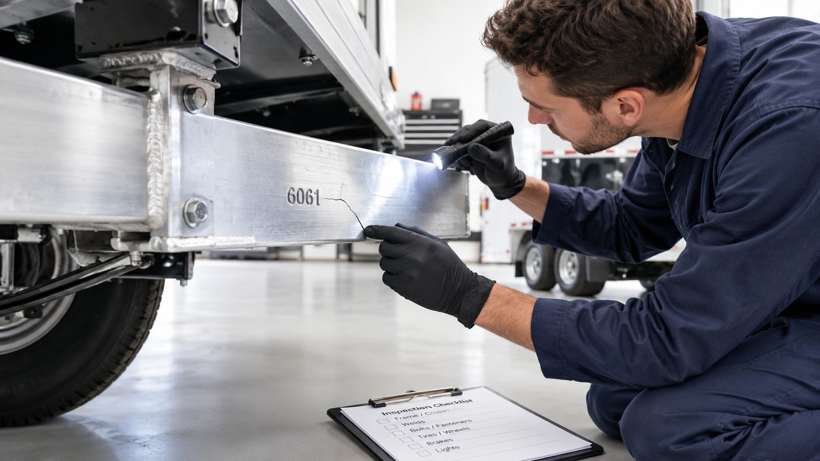 A professional mechanic inspecting a cracked aluminum frame on a trailer with a flashlight and checklist.