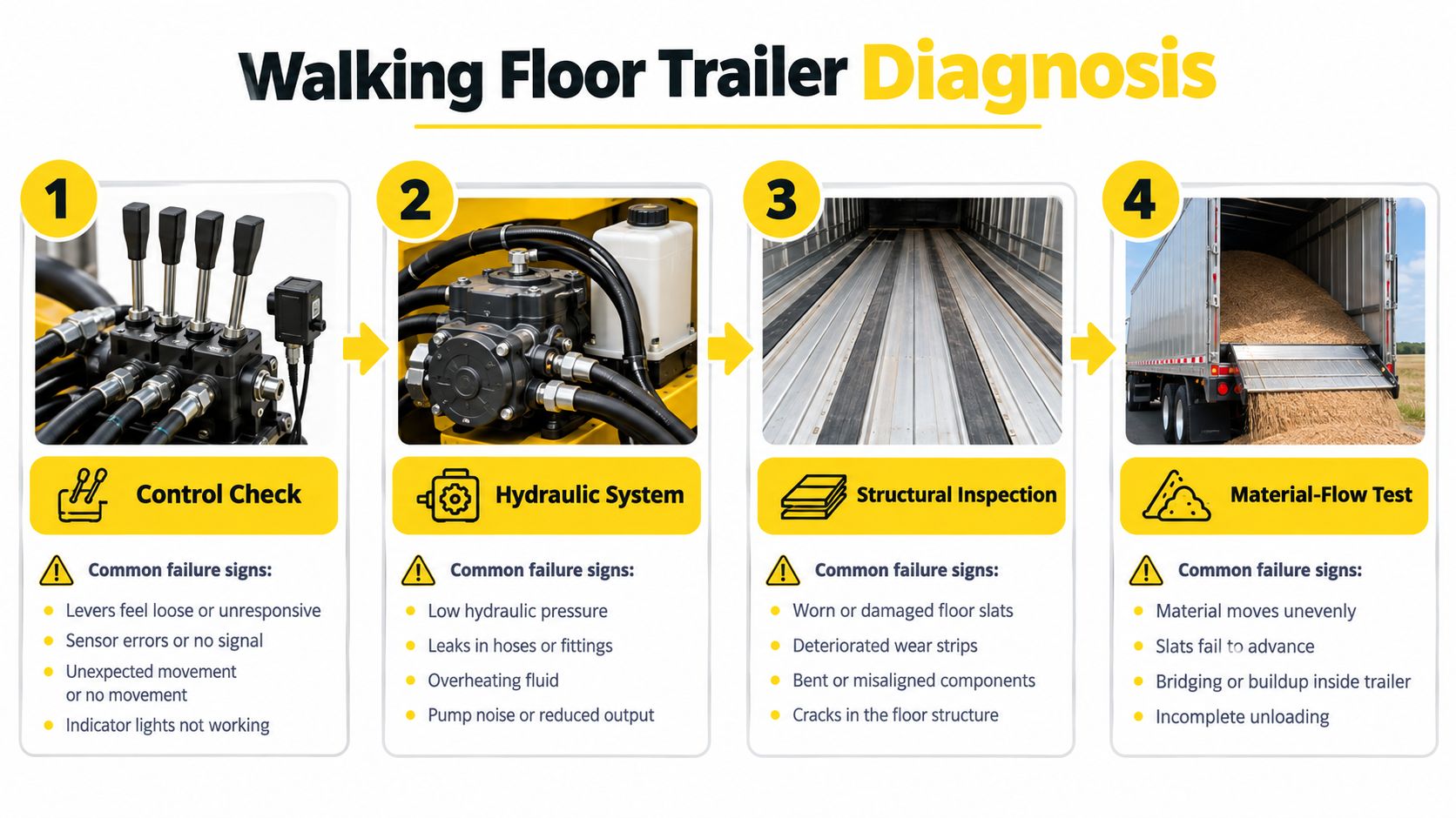 A four-step infographic illustrating the diagnostic process for troubleshooting and maintaining a walking floor trailer system.