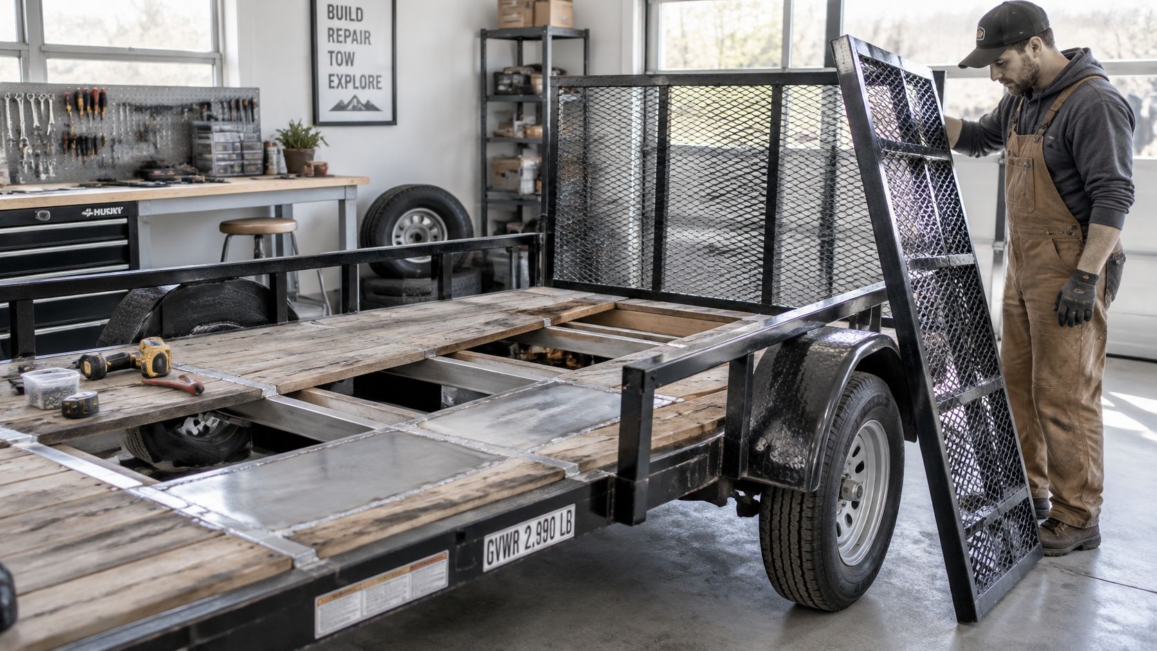 A man in overalls working on a metal utility trailer inside a well-organized garage workspace.