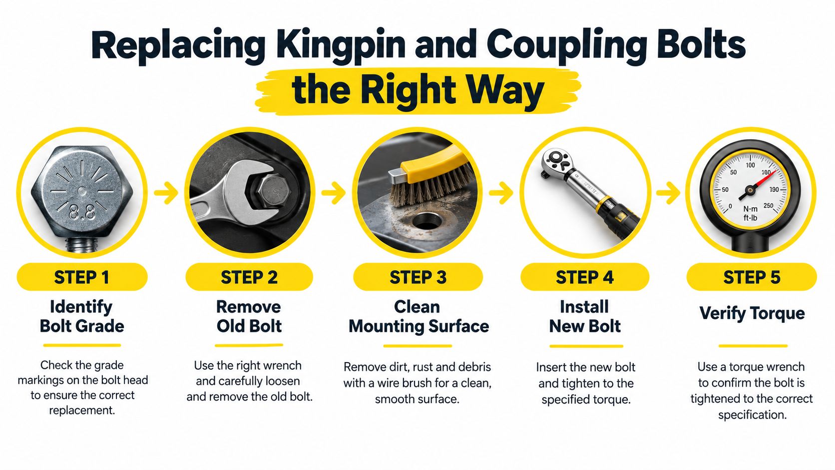 A five-step infographic guide illustrating the proper procedure for replacing kingpin and trailer coupling bolts.
