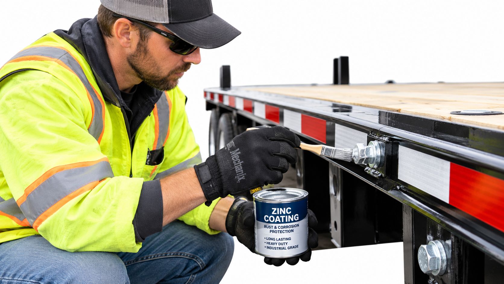 A worker in high-visibility gear applies zinc coating to bolts on a flatbed trailer deck.