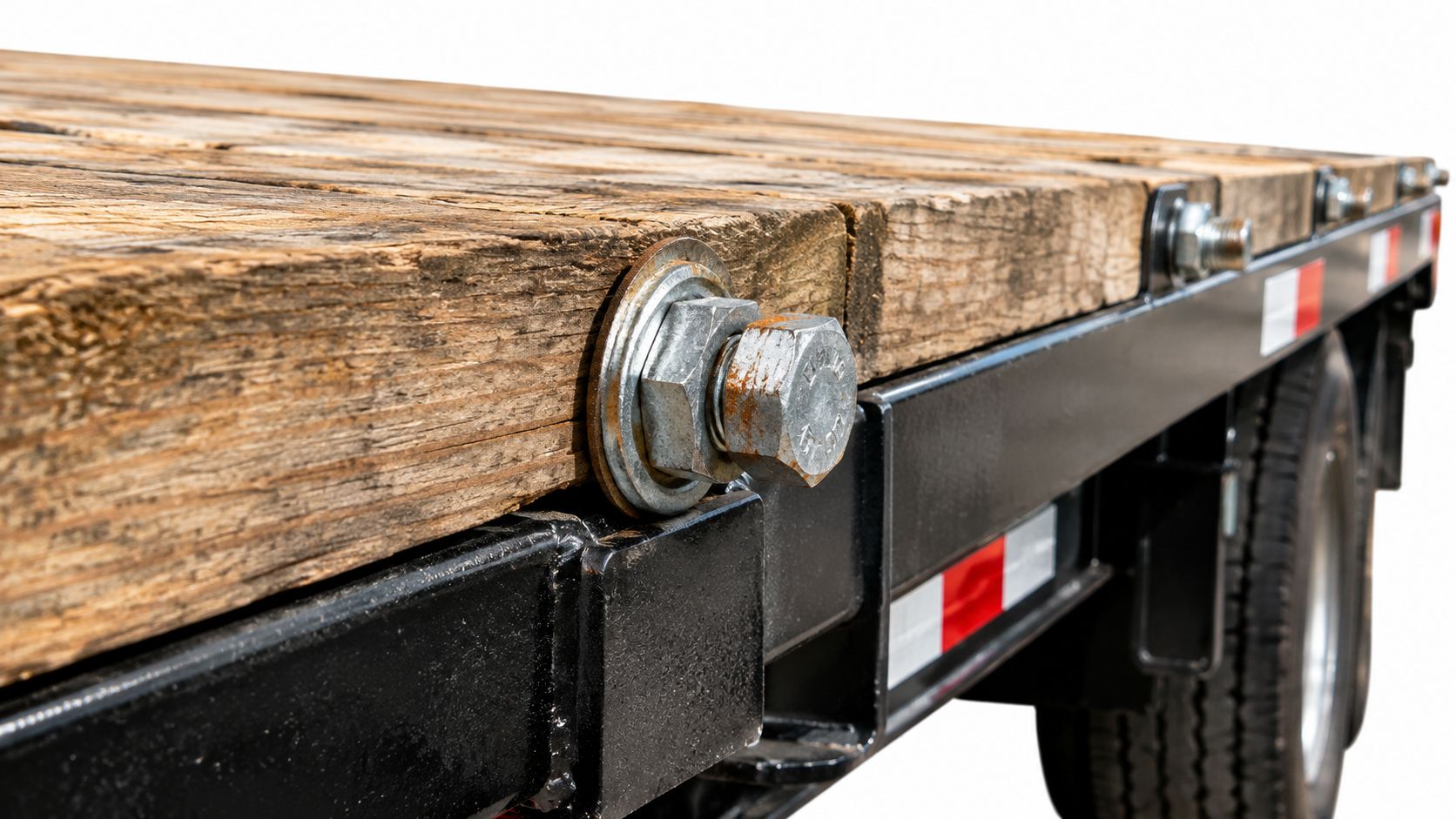 A close-up view of a metal bolt securing wooden planks to a flatbed trailer frame.