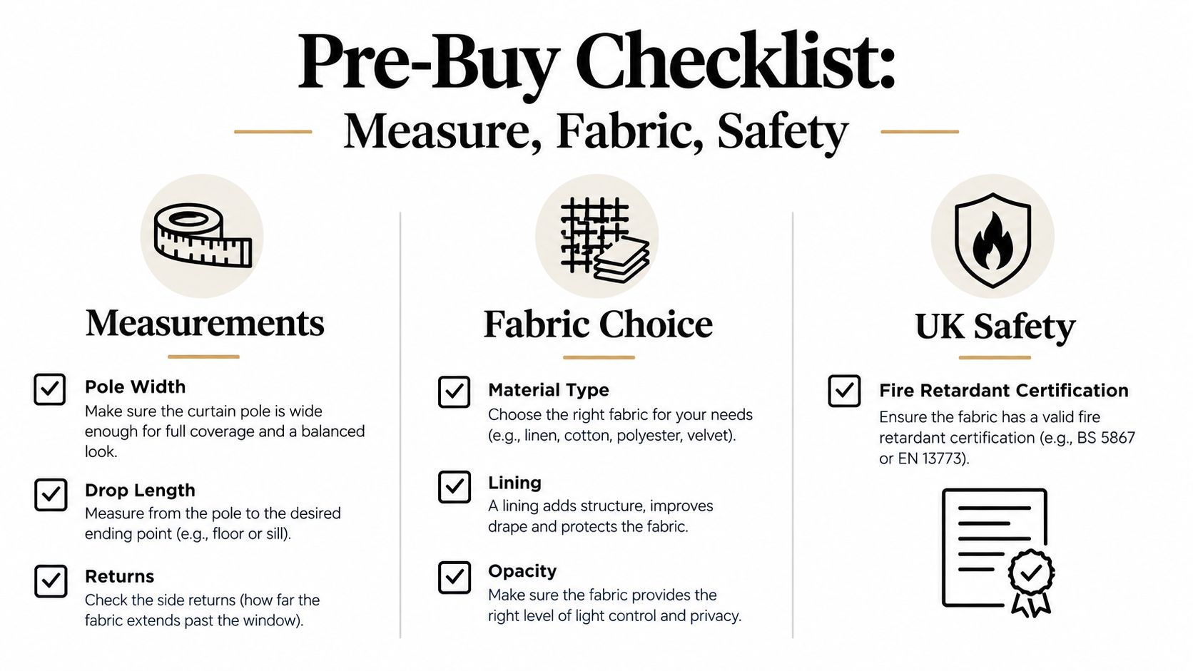 A pre-buy checklist infographic covering measurements, fabric choices, and UK safety standards for purchasing curtains.