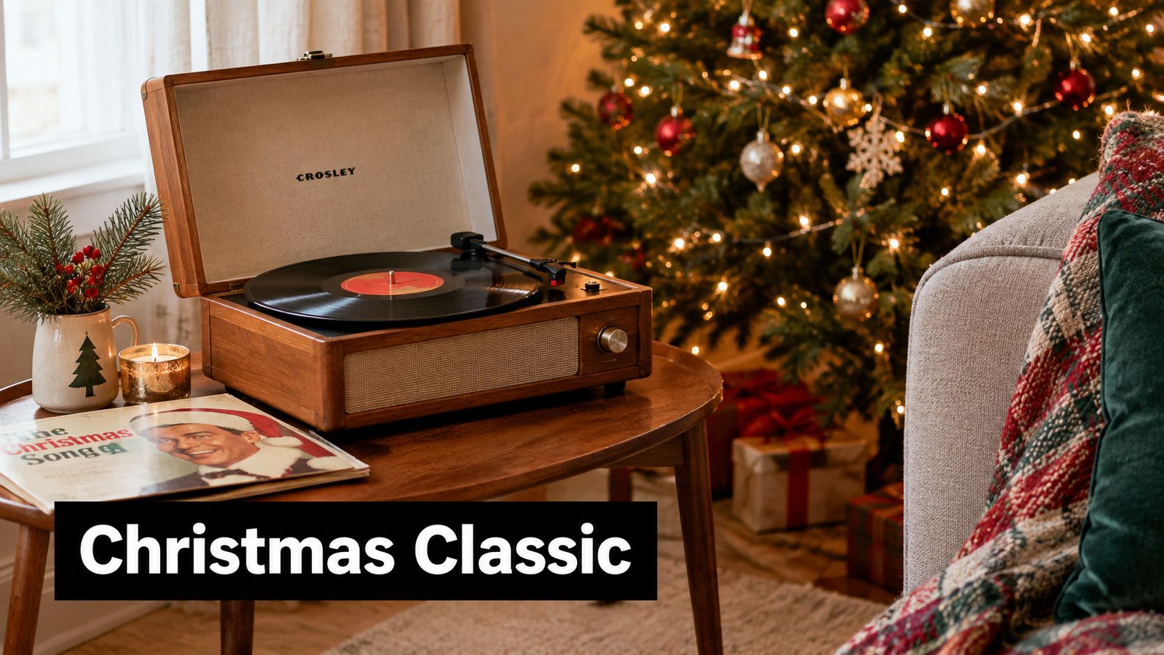A vintage Crosley record player sits on a wooden table next to a Christmas album and tree.